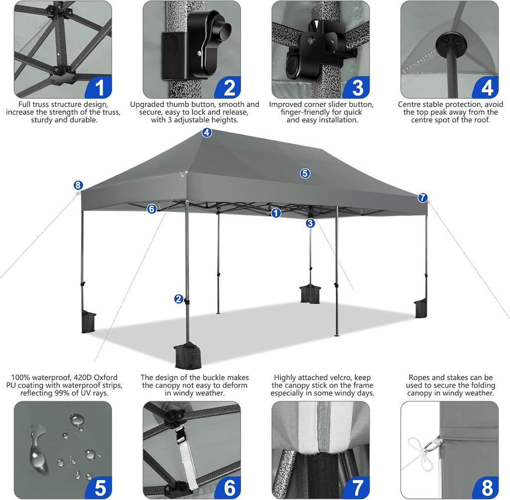 COBIZI 10x20 Pop up Canopy Tent Heavy Duty with 6 Sidewalls, Easy Set-up Commercial Outdoor Party Tents, 100% Waterproof Wedding Gazebo, 3 Height Adjustable with Wheeled Bag,Gray