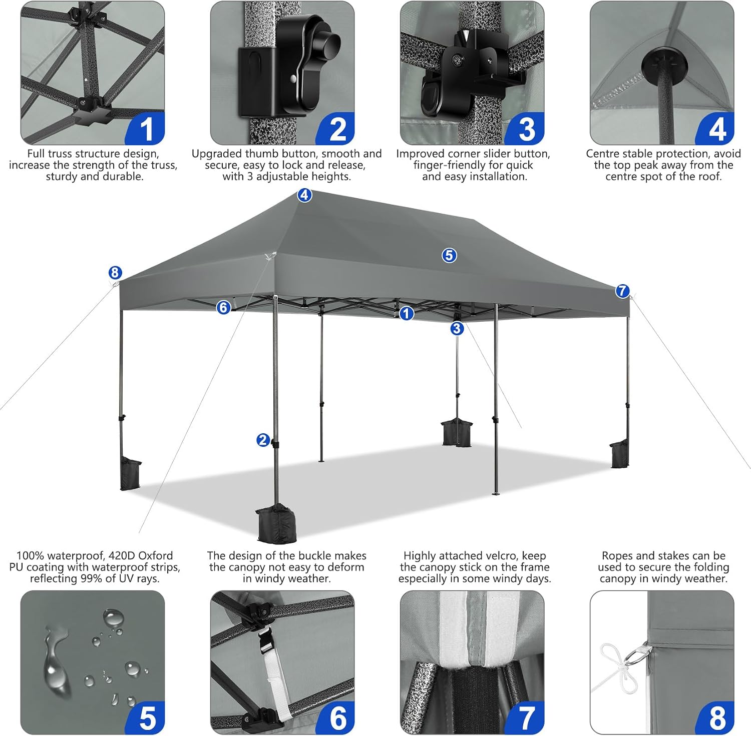 COBIZI 10x20 Pop up Canopy Tent Heavy Duty with 6 Sidewalls, Easy Set-up Commercial Outdoor Party Tents, 100% Waterproof Wedding Gazebo, 3 Height Adjustable with Wheeled Bag,Gray