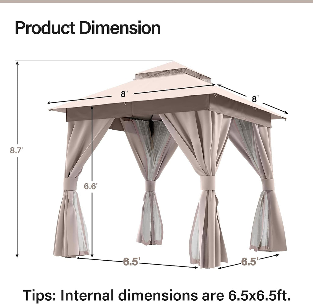 LAUSAINT HOME Patio Gazebo 8'x8', Outdoor Heavy Duty Party Tent Shelter with Double Roofs, Mosquito Nettings and Privacy Screens for Backyard, Garden, Lawn, Khaki