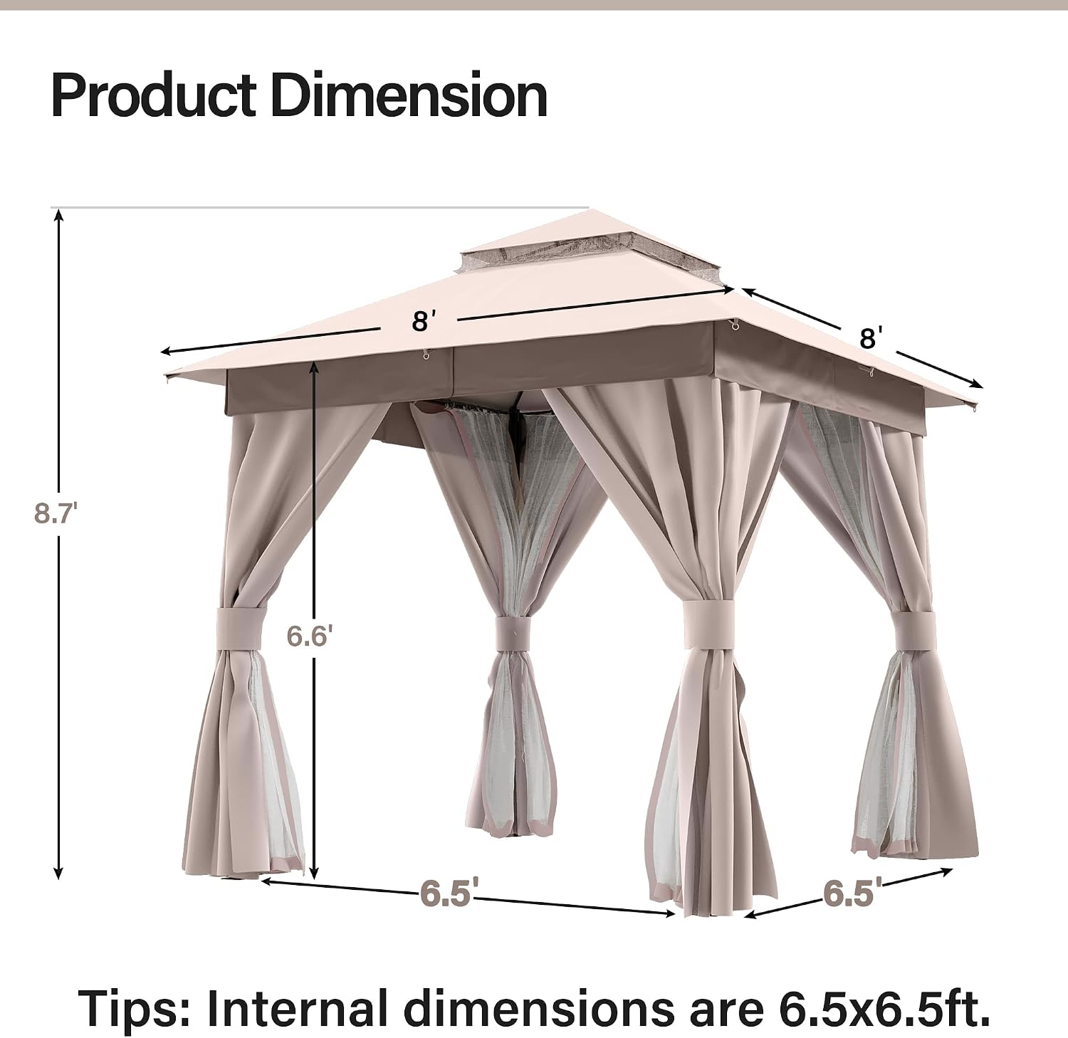LAUSAINT HOME Patio Gazebo 8'x8', Outdoor Heavy Duty Party Tent Shelter with Double Roofs, Mosquito Nettings and Privacy Screens for Backyard, Garden, Lawn, Khaki