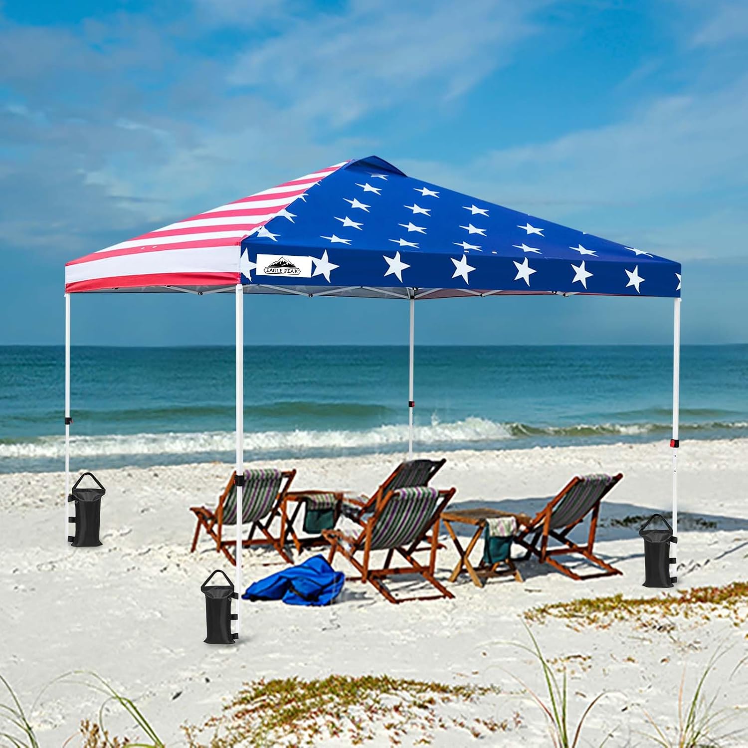 EAGLE PEAK Pop Up Canopy Tent with Wheeled Carry Bag, 8 Stakes, 4 Ropes, 4 Weight Bags, Easy Set Up Tent Canopy, 10x10 ft, 100sqft of Shade, American Flag