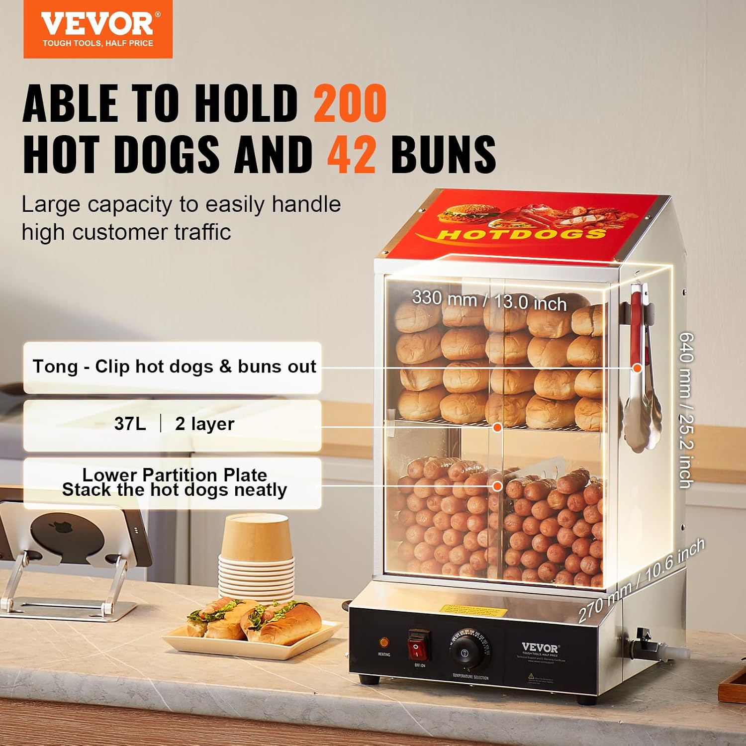 VEVOR Hot Dog Machine, 36 L, 2-Tier Hot Dog Steamer for 200 Hotdogs & 42 Buns, 1200W Electric Bun Warmer Cooker with Rotary Knob Temp Display