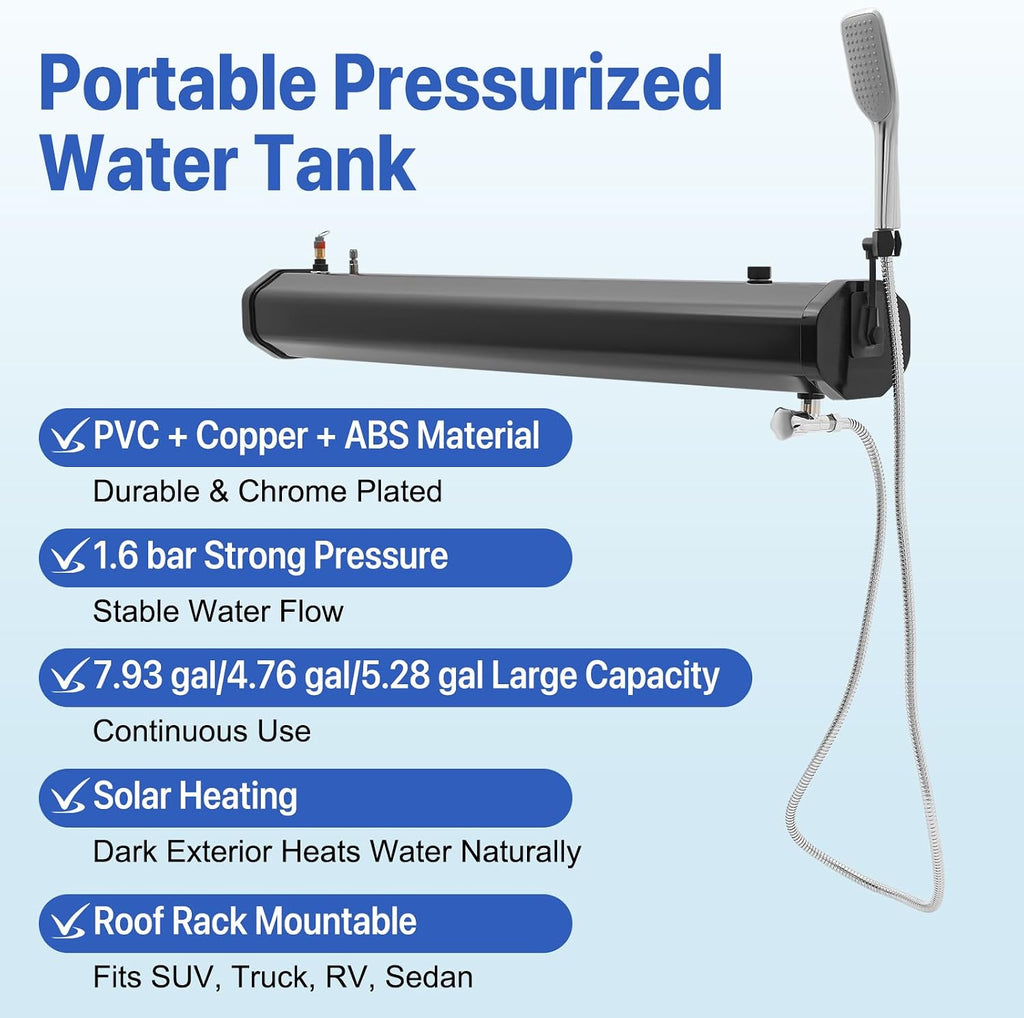 5.28 Gallon Pressurized Water Tank,Portable Car Camping Shower Water Storage Roof Rack Mounted Solar Shower or Overland Off-Road Vehicles, Pick-up Truck,Outdoor Activities Water Supply, RV, Camping