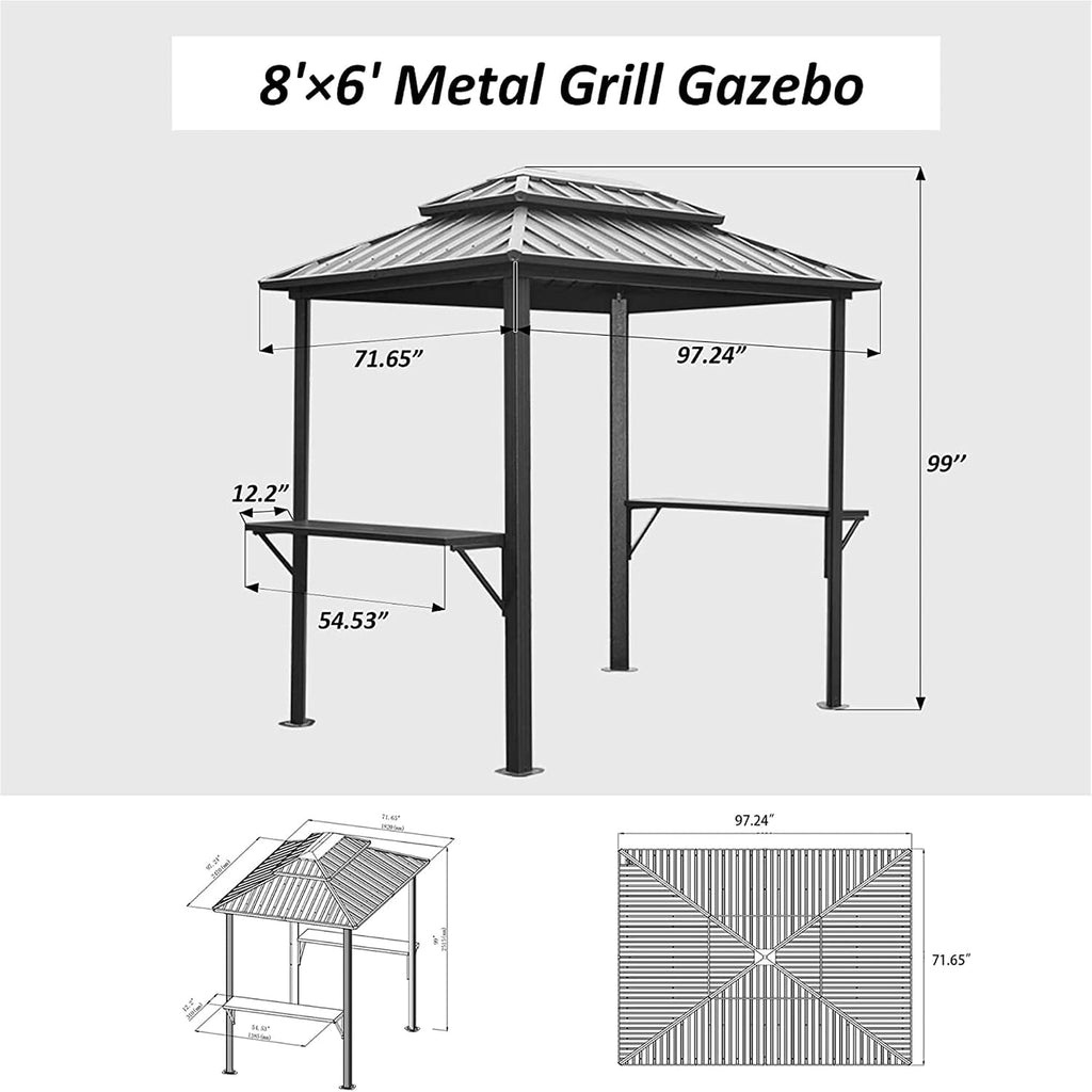 Grill Gazebo 8' × 6', Aluminum BBQ Gazebo Outdoor Metal e with Shelves Serving Tables, Pent Double Roof Hard top Gazebos for Patio Lawn Deck Backyard and G(Grey)