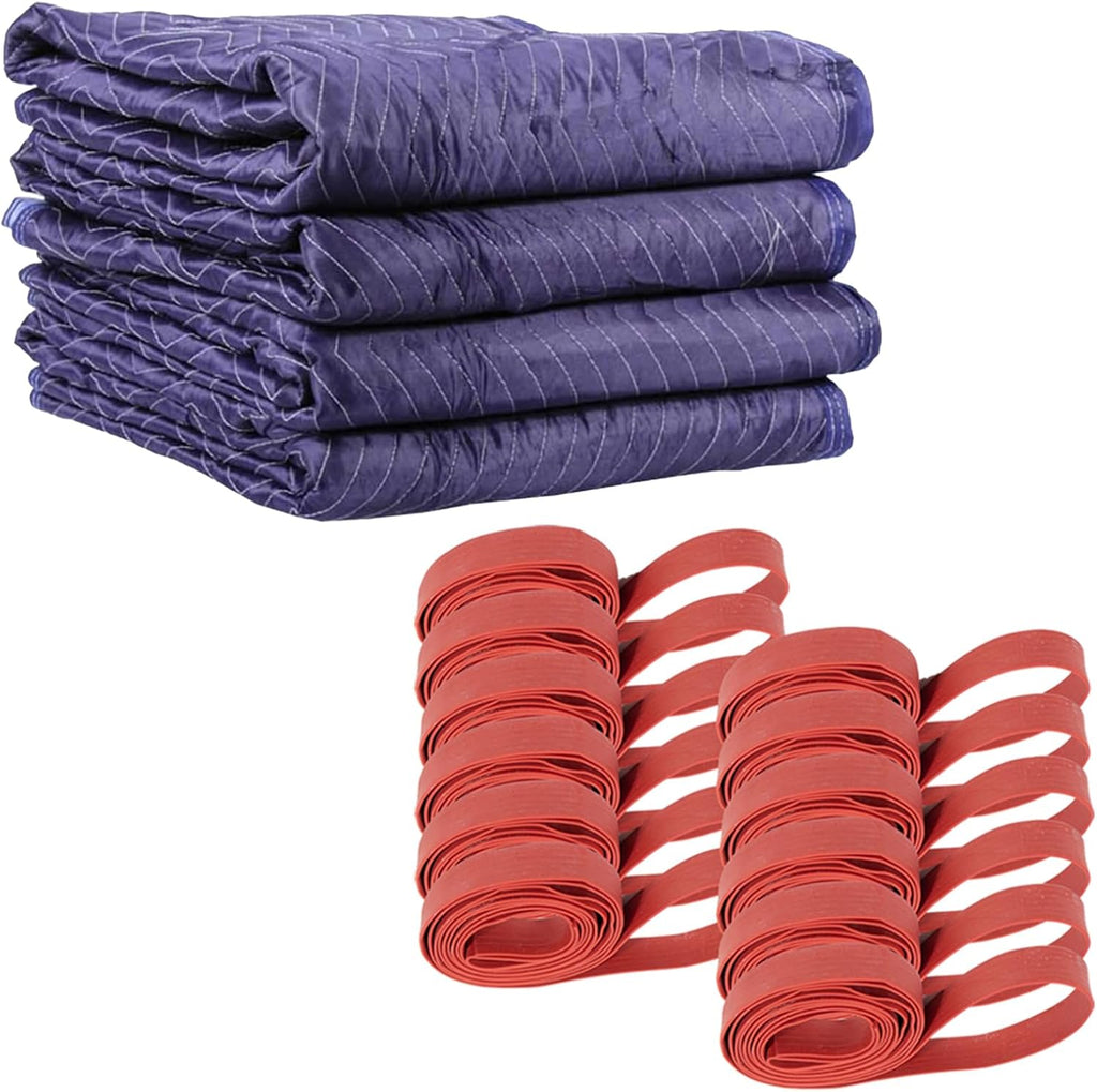 US Cargo Control 80 Inch X 72 Inch Mega Mover Moving Blankets And 42 Inch (84 Inch Fully Stretched) Moving Bands - Durable Protection During A Move Or While In Storage – 4 Blankets, 12 Rubber Bands