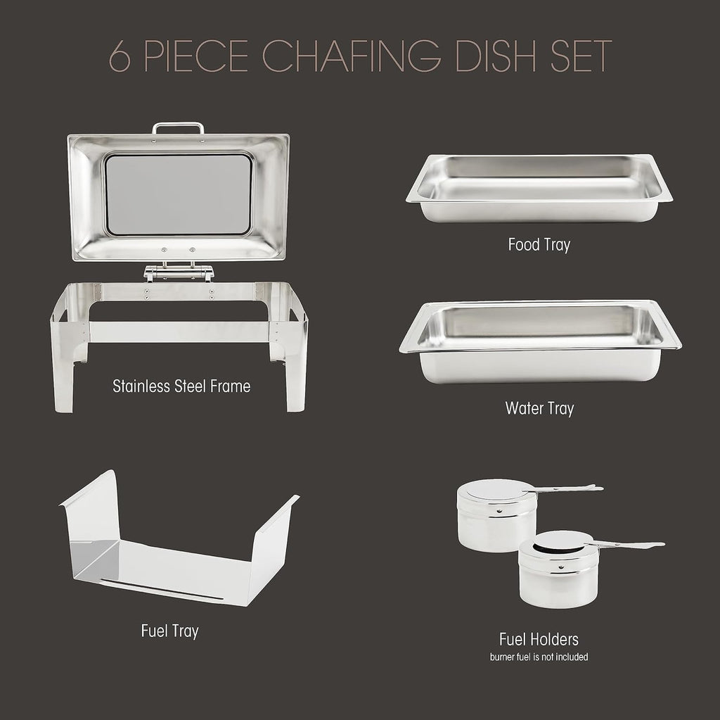 Denmark Tools for Cooks Celebrations Cookware Collection 6 Piece 9.5-Quart Heavy Gauge Stainless Steel Rectangular Chafing Dish Set with Hydraulic Soft Close Glass Lid for Entertaining & Catering