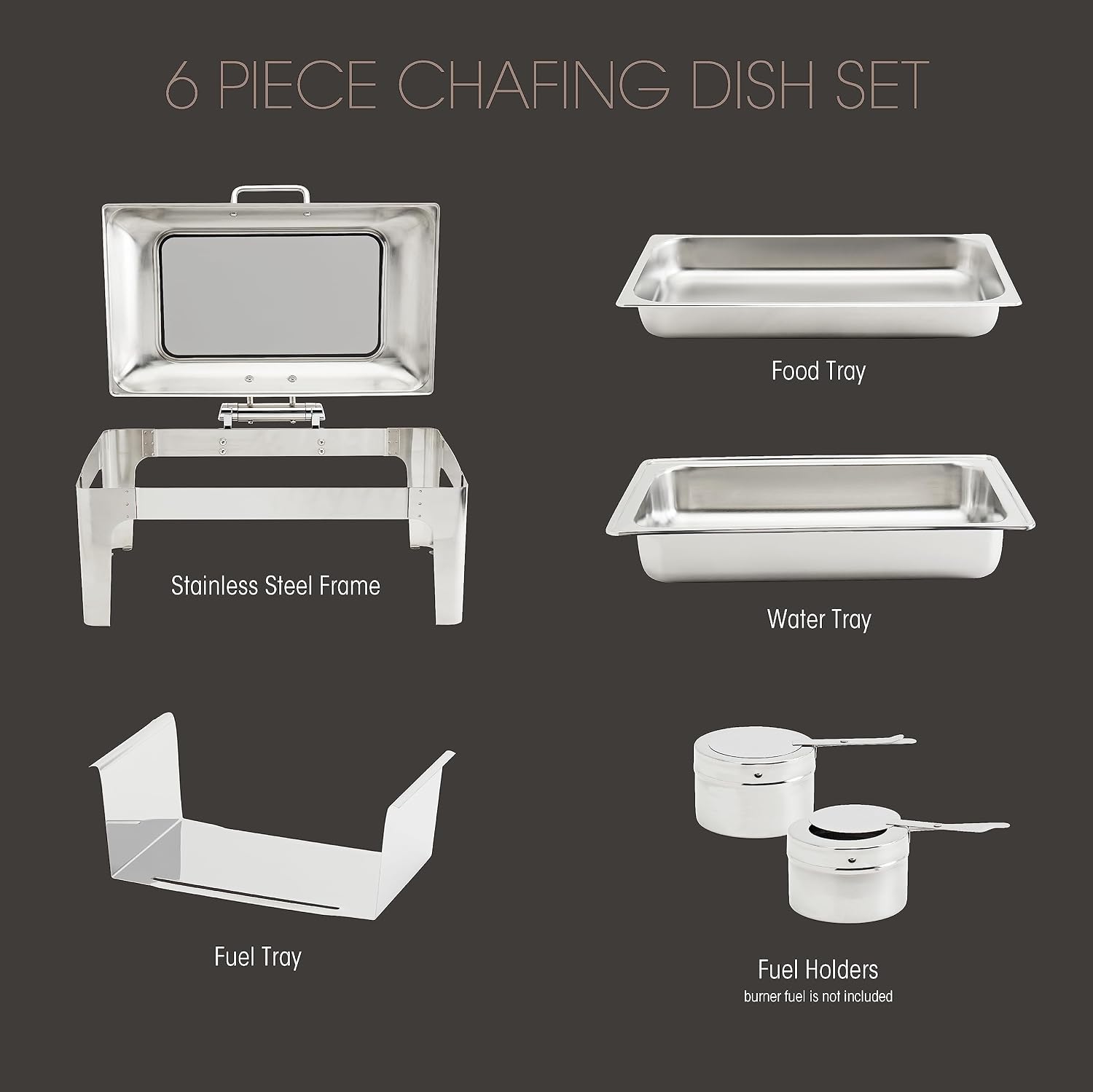 Denmark Tools for Cooks Celebrations Cookware Collection 6 Piece 9.5-Quart Heavy Gauge Stainless Steel Rectangular Chafing Dish Set with Hydraulic Soft Close Glass Lid for Entertaining & Catering