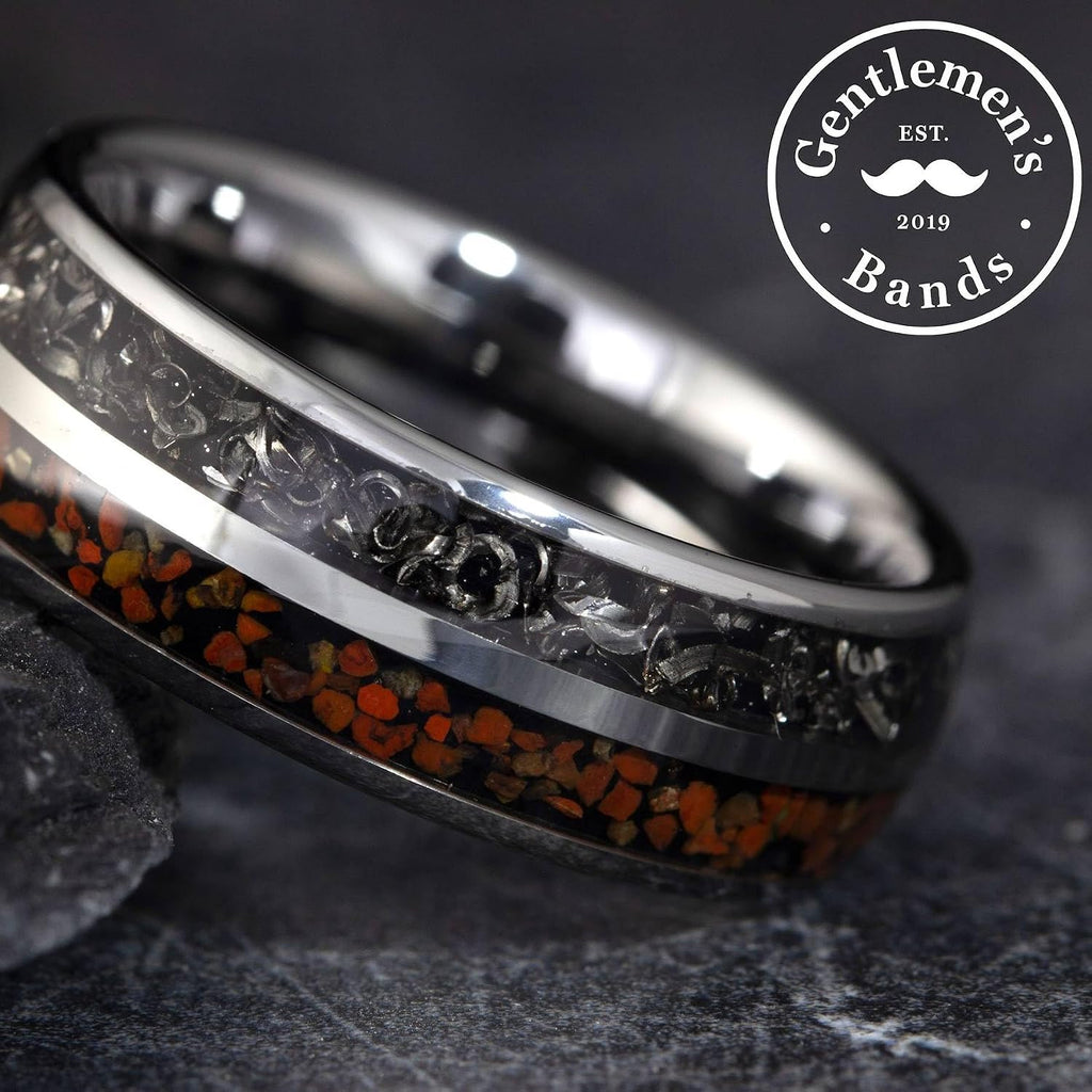 Gentlemen's Bands Premium Silver Tungsten Wedding Band with Dinosaur Bone & Meteorite Inlay | Wedding Ring Is Ideal Gift | Package Includes Silicon Band, Walnut Ring Box, Leather Pouch