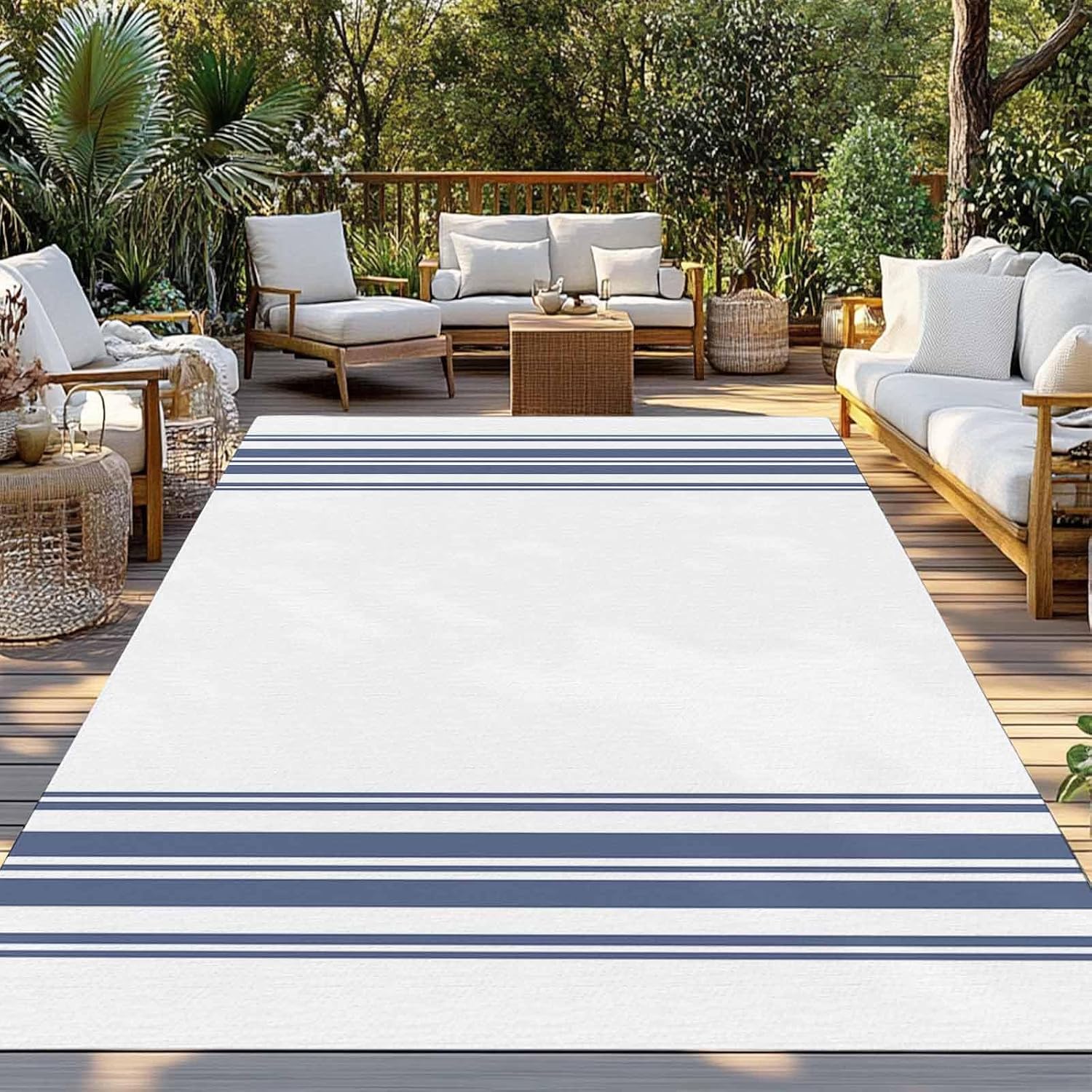 Outdoor Rug 4x6ft Farm Blue Stripes Line Patio Area Rugs Waterproof Easy Cleaning Non Shedding Thick Mats White Carpet for Indoor Outdoor Porch Deck Backyard Balcony
