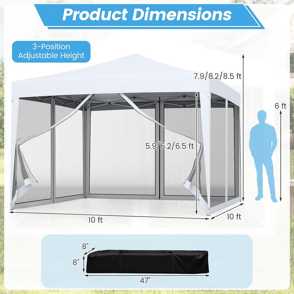 Tangkula 10x10 Ft Pop Up Canopy with Netting, Easy Up Outdoor Tent with Mesh Sidewalls, Carrying Bag, Adjustable Height, Portable Canopy Tent for Parties Events Camping Travel