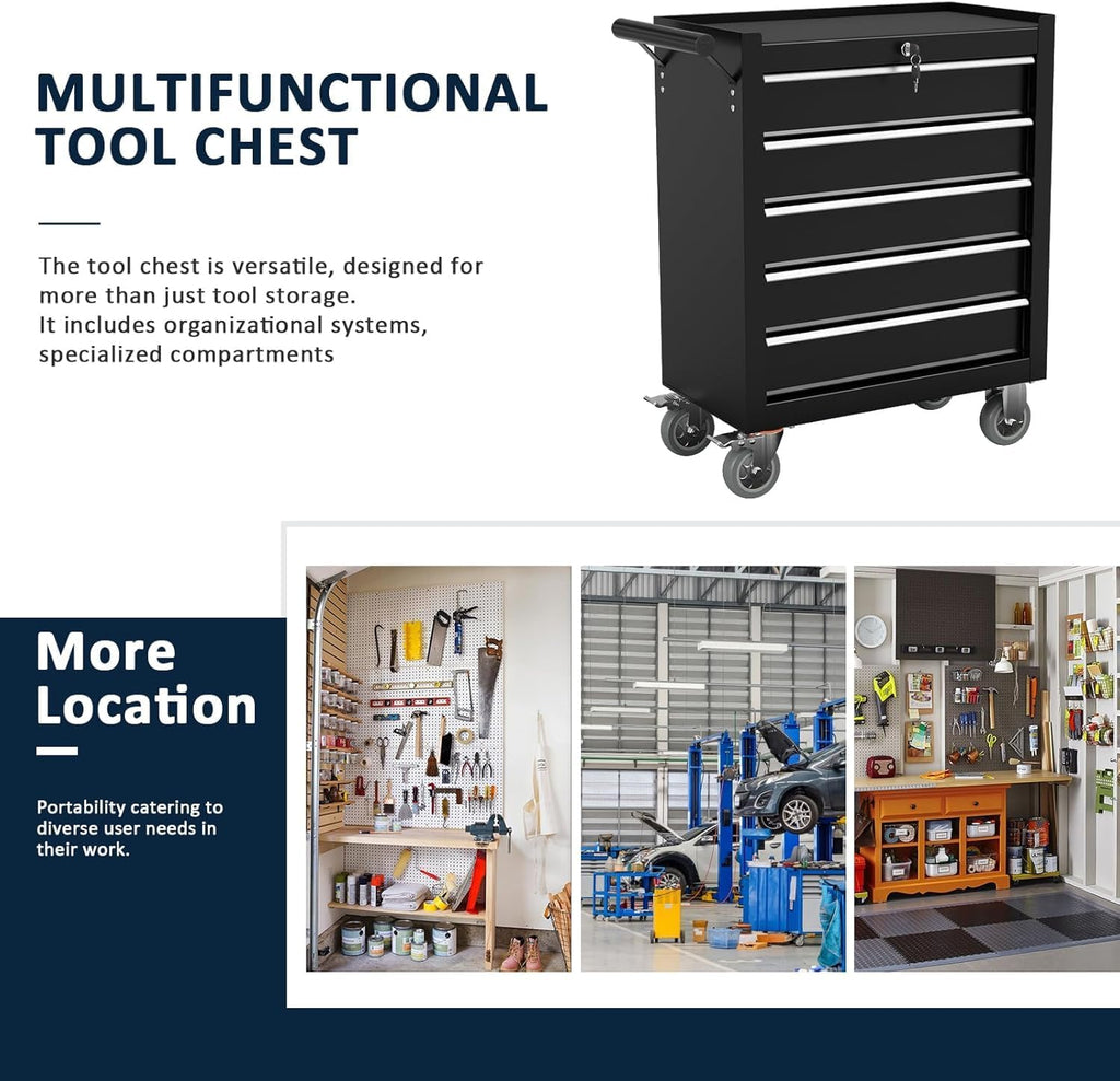 5-Drawer Metal Rolling Tool Chest with Wheels,Tool Storage Cabinet with Locking System，Toolbox with Wheels for Garage, Warehouse, Workshop, Repair Shop (Black, 5Drawer)