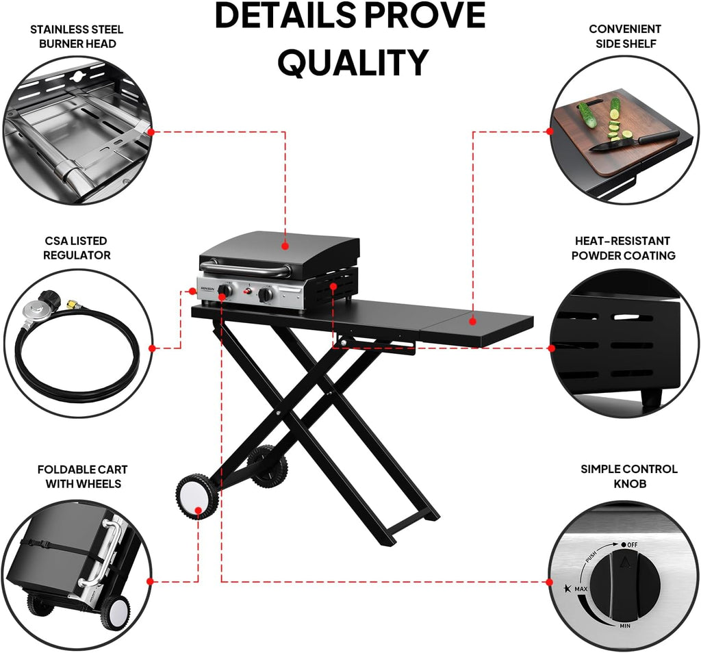 Bonnlo Foldable Flat Top Grill with 2 Burner & Lid, Powerful 20,000 BTU Propane Gas Grills with Ignition, Enamel Griddle, Side Shelf & Portable Cart with Wheels for Outdoor Camping Hibachi Grill Use