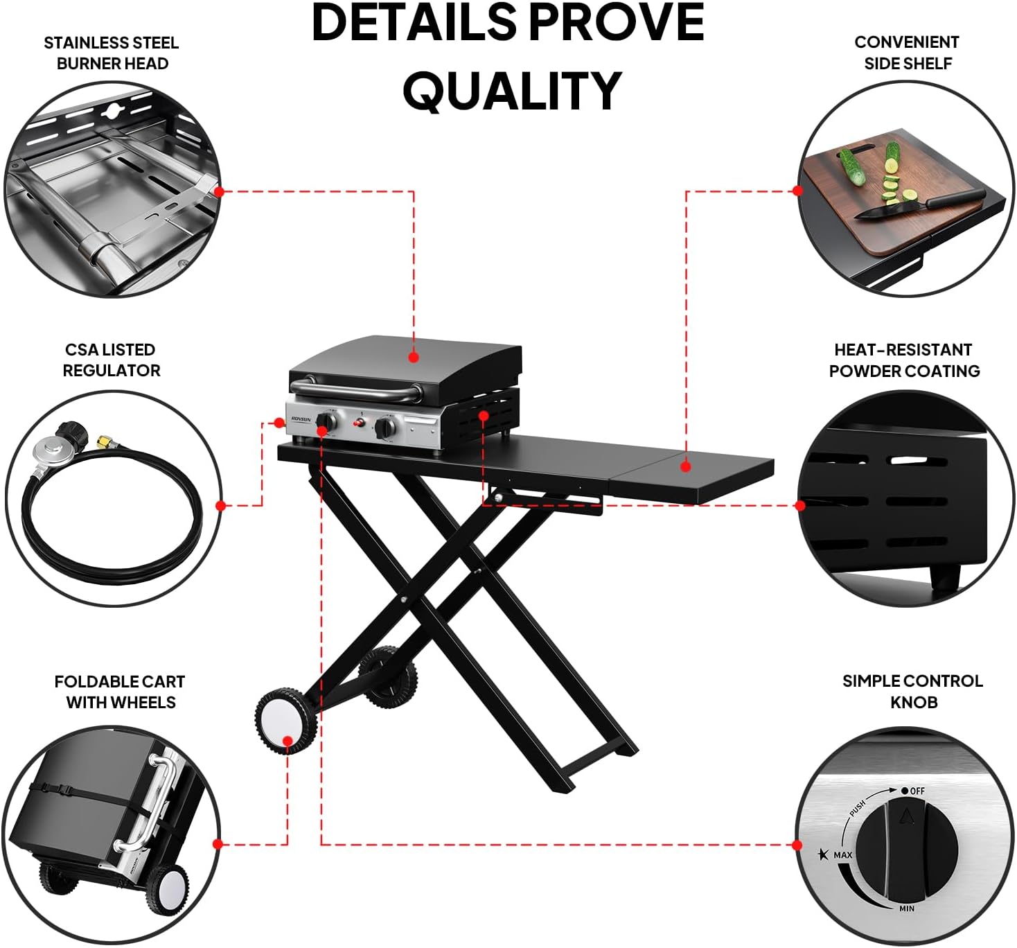 Bonnlo Foldable Flat Top Grill with 2 Burner & Lid, Powerful 20,000 BTU Propane Gas Grills with Ignition, Enamel Griddle, Side Shelf & Portable Cart with Wheels for Outdoor Camping Hibachi Grill Use