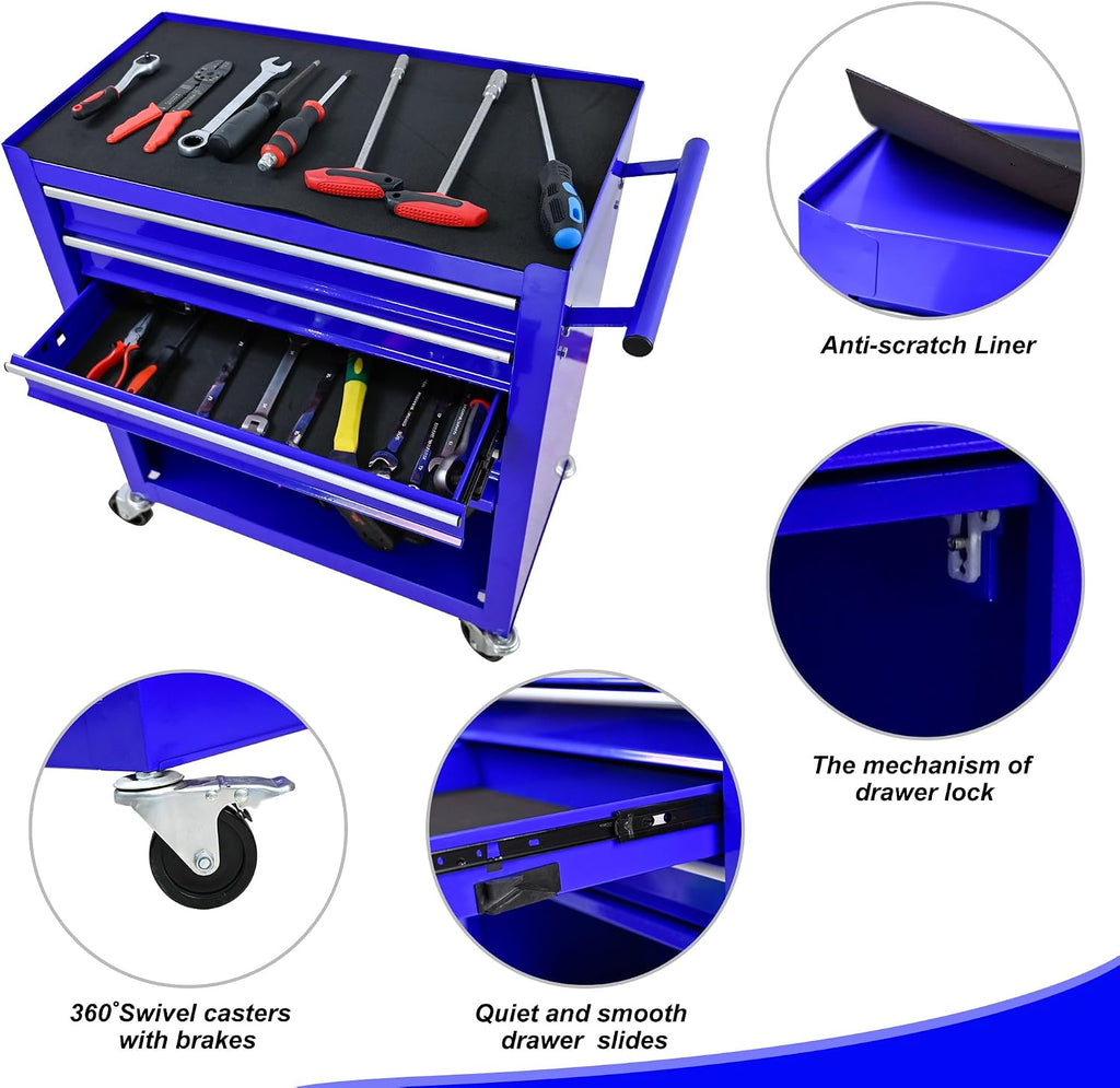 4 Drawers Tool Cart on Wheels, 4 Drawer Rolling Tool Chest, Trolley Organizer Tool Box Tool Case with 1 Cabinet, Multifunctional Tools Case for Garage,Warehouse,Workshop,Repair Shop (Blue)