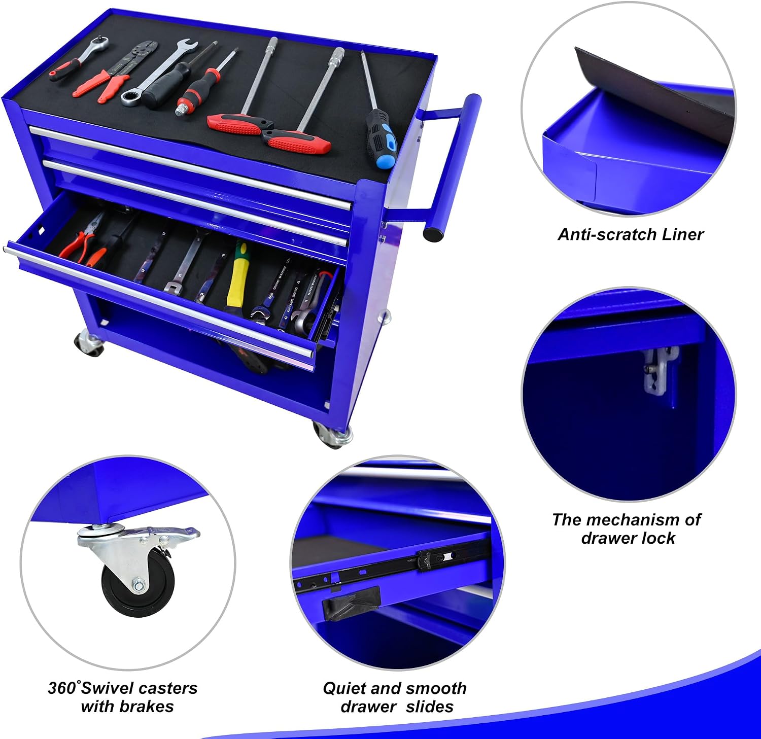 4 Drawers Tool Cart on Wheels, 4 Drawer Rolling Tool Chest, Trolley Organizer Tool Box Tool Case with 1 Cabinet, Multifunctional Tools Case for Garage,Warehouse,Workshop,Repair Shop (Blue)