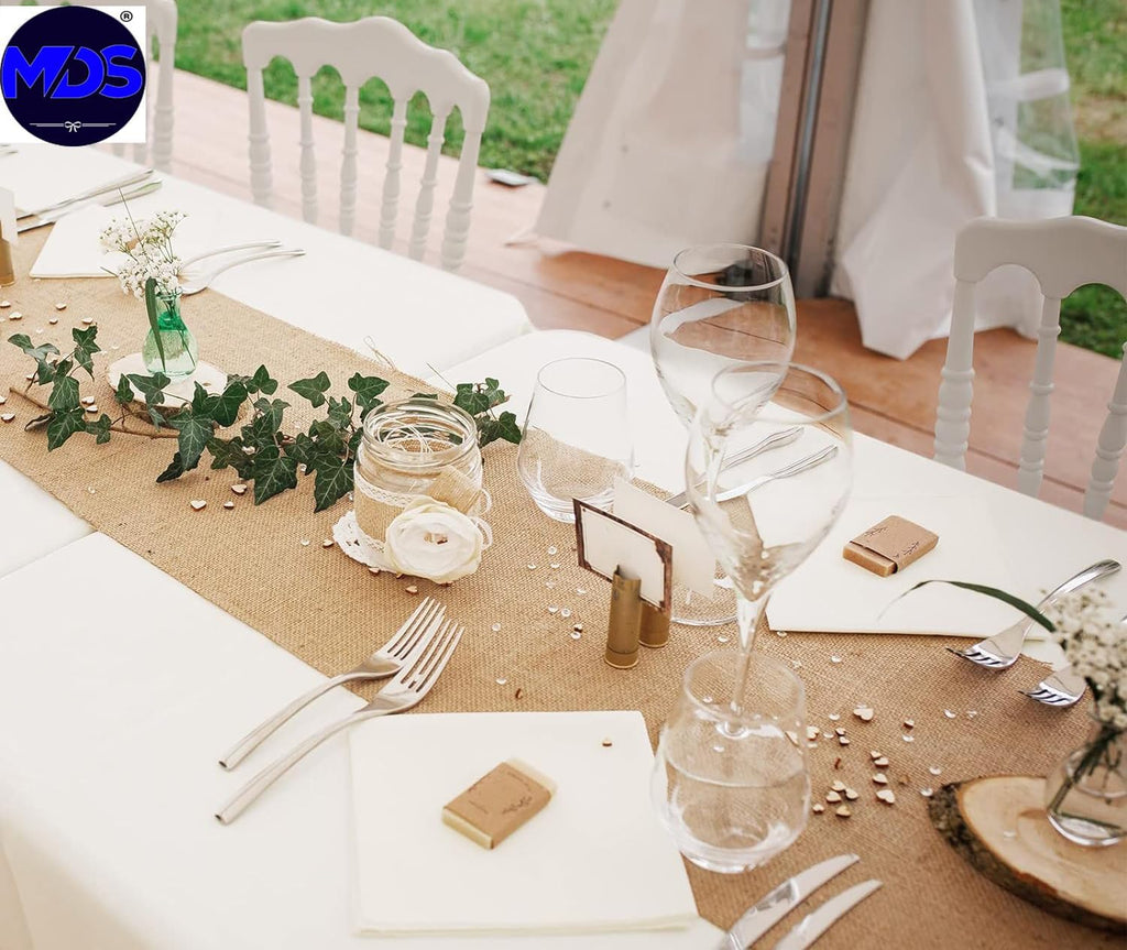 MDS 50 Pack Wedding Natural Burlap Table Runners 12 x 72 Inch Rustic Farmhouse Jute Country Vintage Runner for Wedding and Home Decor, Table Decorations, Party, BBQ's & Outdoor Tables- Natural