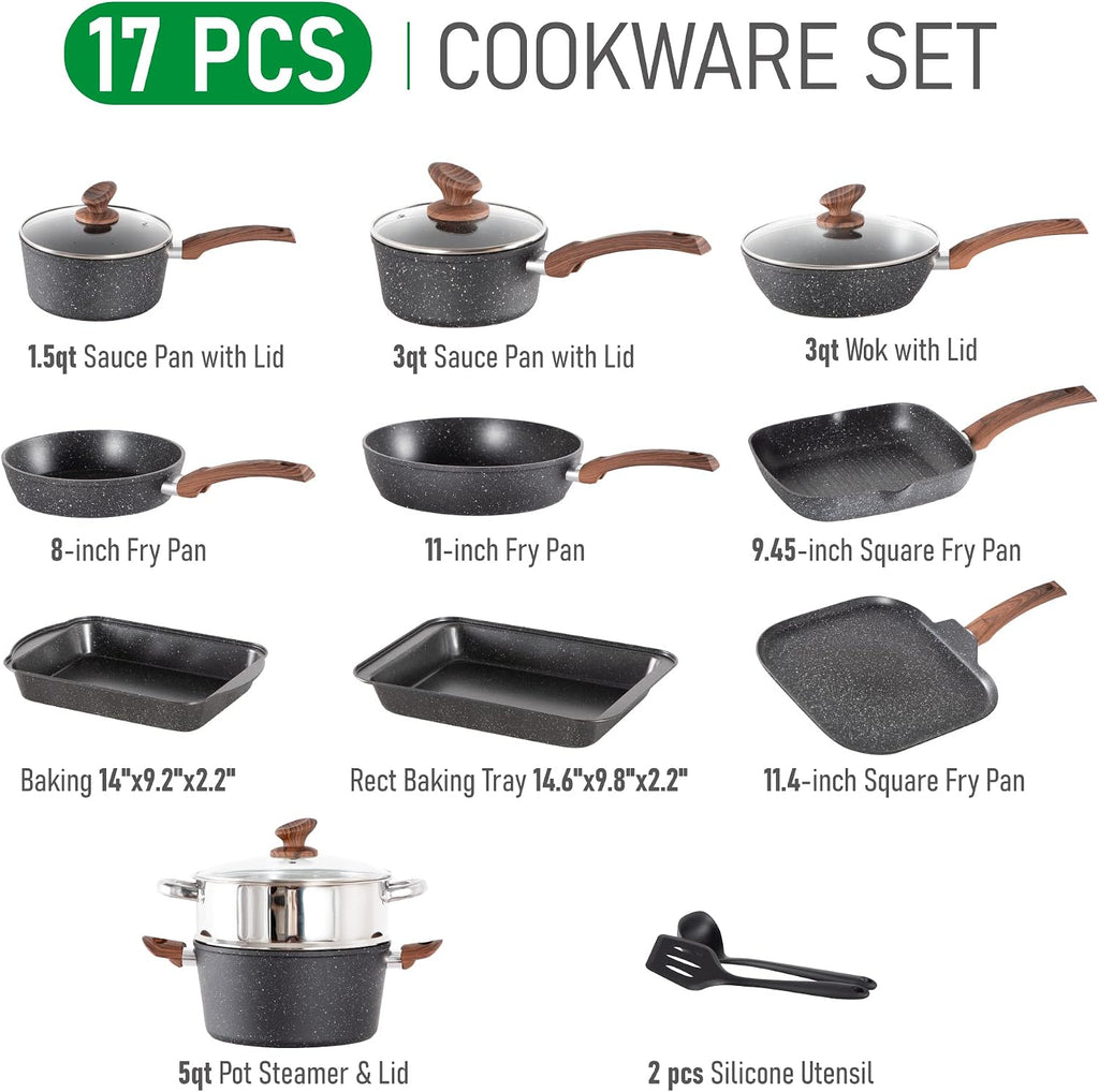 MAISON ARTS 17 Piece Black Pots and Pans Set Non Stick Granite, Non Toxic Induction Kitchen Cookware Sets, Pan and Pot Sets for Cooking Nonstick