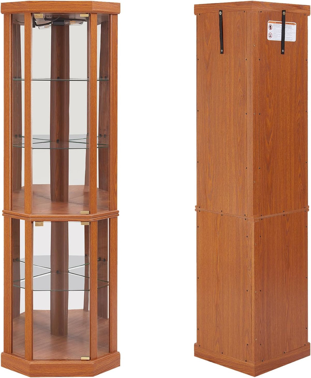 69' H Lighted Corner Display Cabinet, 5-Tier Wooden Curio Glass Cabinet with Adjustable Shelves & Glass Door, Corner Storage Display Case with Mirrored Back Pane for Living Room (Dark Oak)