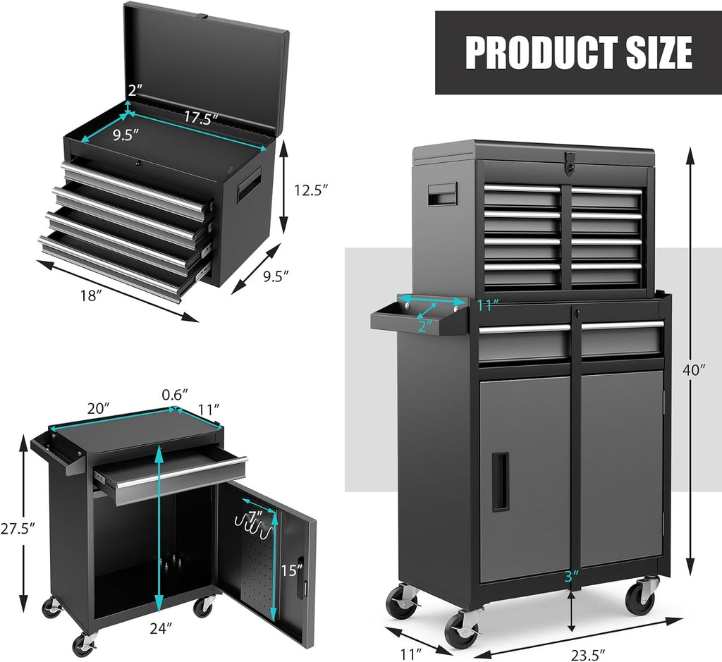 Rolling Tool Chest, 5-Drawer Tool Storage Cabinet with Wheels, Adjustable Shelf & Anti-Slip Liner, Tool Box Organizer for Garage, Warehouse & Workshop (Gray+Black)