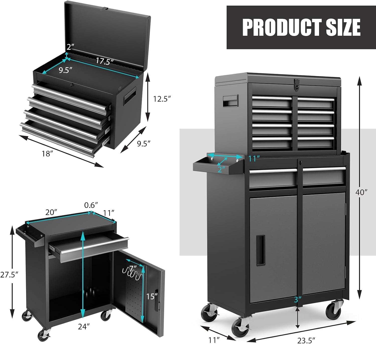 Rolling Tool Chest, 5-Drawer Tool Storage Cabinet with Wheels, Adjustable Shelf & Anti-Slip Liner, Tool Box Organizer for Garage, Warehouse & Workshop (Gray+Black)