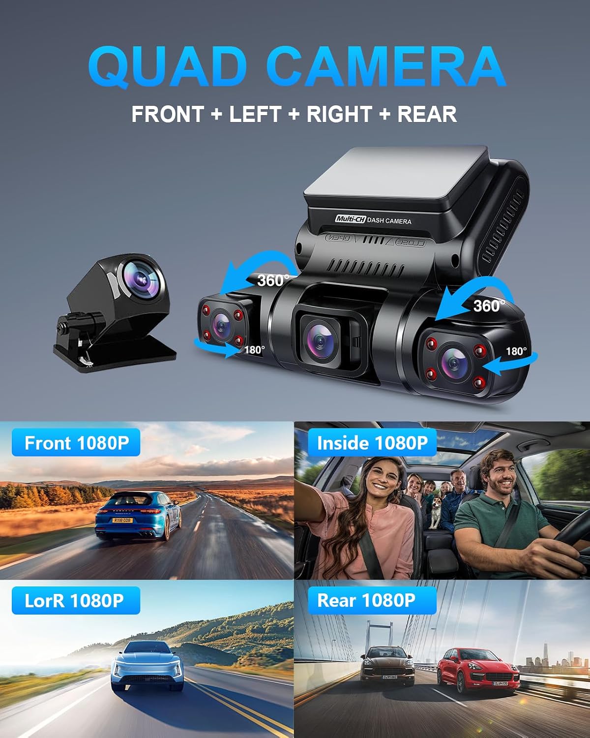 PRUVEEO 360° 4 Channel Dash Cam Front and Rear Inside Left Right, Dash Camera for Cars, Built-in GPS WiFi Night Vision, 24/7 Recording Parking Mode Monitor, 128G Card Included