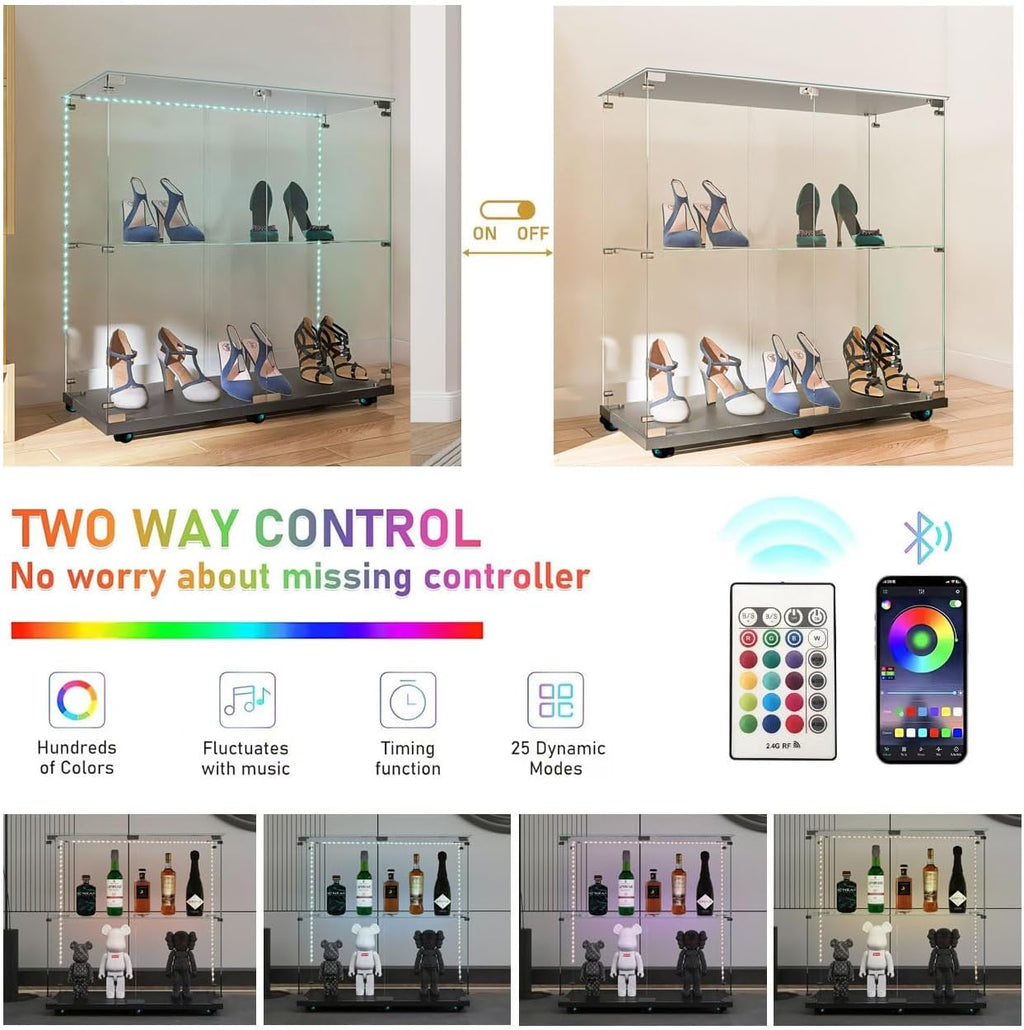 34.17' Tall Tempered Glass Display Cabinet with LED Lights&Rolling Wheels, Curio Cabinet with 2 Shelves with 2 Door, Quick-Install Style Floor Standing Bookshelf File Cabinet for Living Room Office