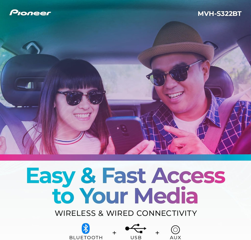 Pioneer MVH-S322BT 1-Din Digital Media Receiver – Bluetooth, USB, Color Change, FLAC, Voice Control, 50W x 4 Output, 13-Band EQ, AM/FM Radio, iPhone/Android Compatible, Front, Rear/SW Selectable RCA
