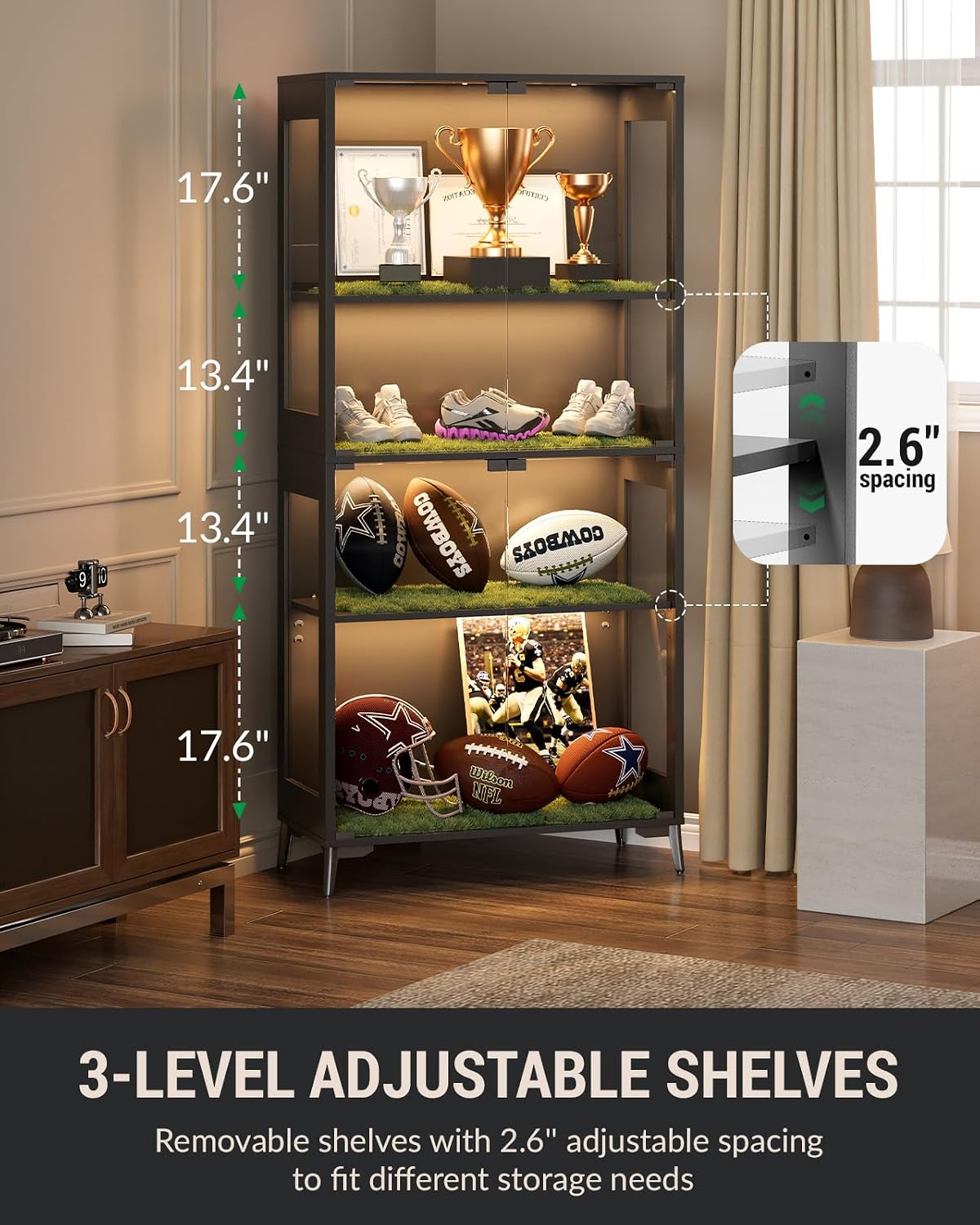 Glass Display Cabinet with Doors, 4-Tier Display Case with Adjustable Shelves, RGB LED Lights with App & Remote Control, Curio Storage Cabinet with Metal Base for Collectibles, Books, Black