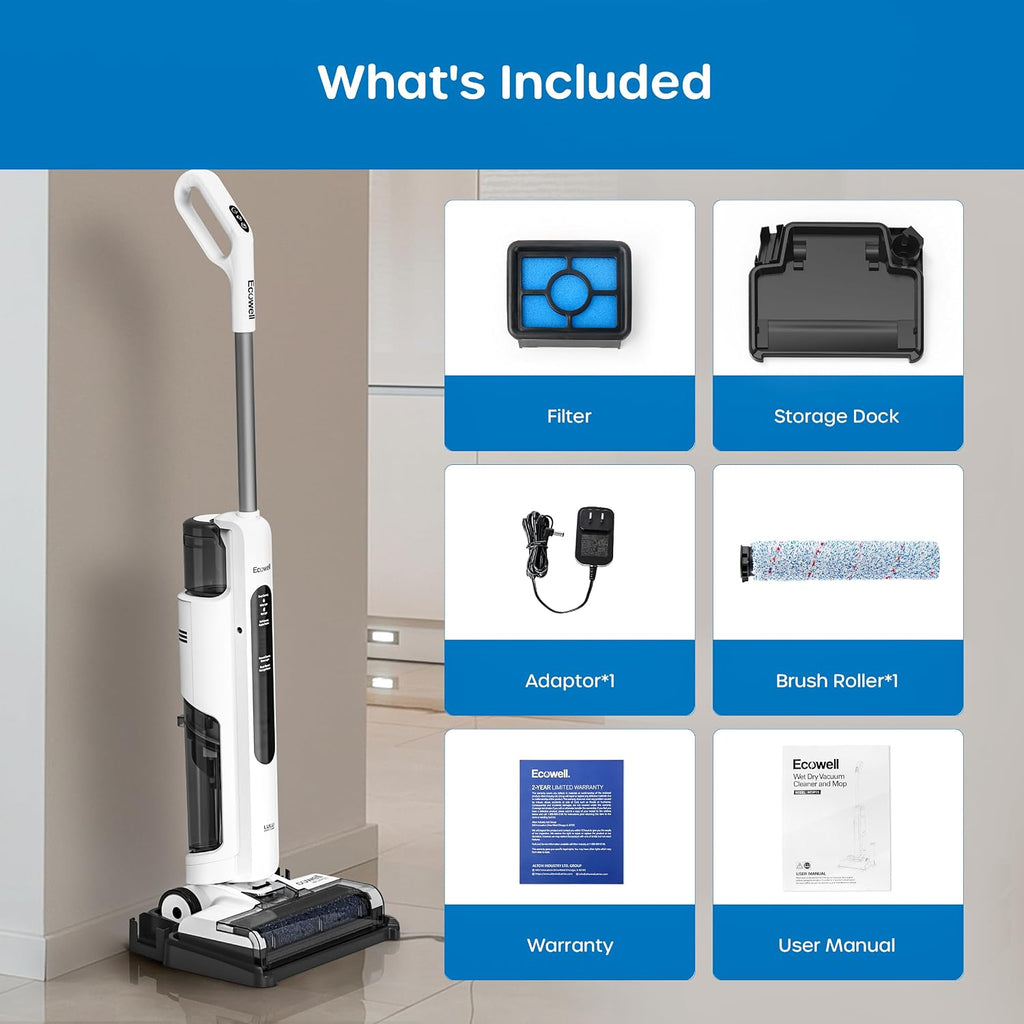ECOWELL Wet Dry Vacuum Cleaner Cordless Vacuum Mop Wash All in One, Self-Cleaning 0.1'' Dual-Sided Edge Cleaning, 8.2 lbs Lightweight Floor Vacuum for Hard Floors