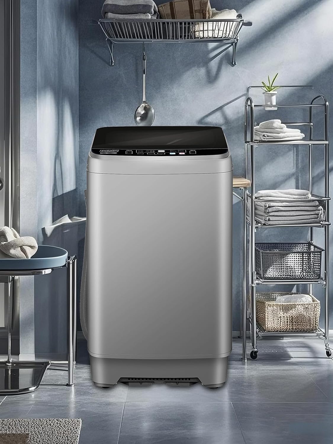 F.W.WOOLWORTHS 25 Lbs Full Automatic Washing Machine with Drain Pump, 10 Wash Programs 8 Water Levels, 9 KG Washer with LED Display for Dorm, Apartment, Home, Grey