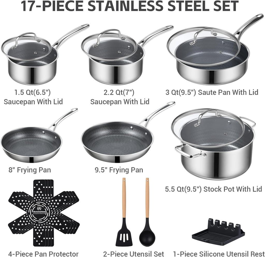 Ammeloo Hybrid Stainless Steel Cookware Set, 17-Piece Tri-Ply Pots and Pans Set Non Stick, Induction Kitchen Cookware Sets, Dishwasher & Oven Safe, PFOA Free, All Cooktops Compatible, Navy Blue