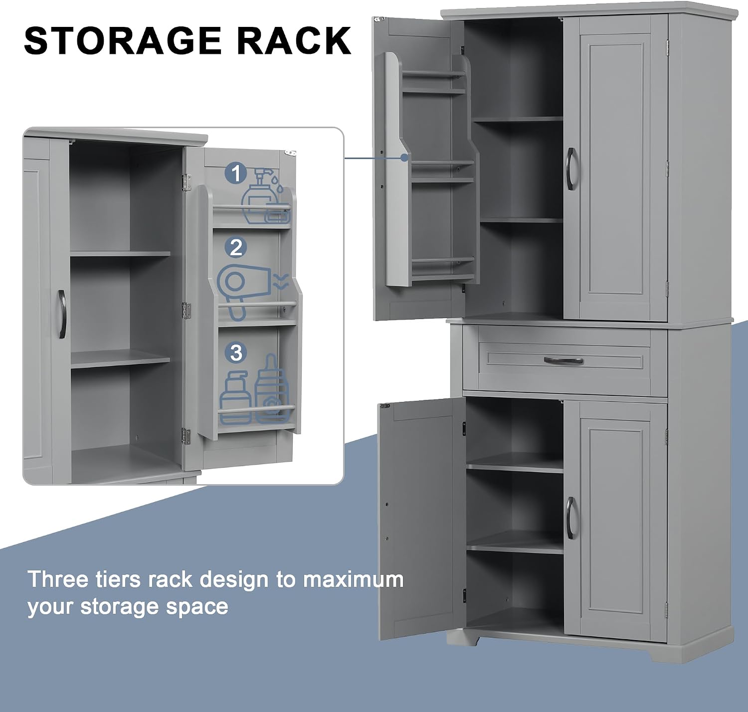 72.2' Storage Cabinet with Doors and Drawers, Tall and Wide Kicthen Pantry Cupboard Home Display Organizer with Door Shelf Rack for Bathroom, Adjustable Shelf, Gray
