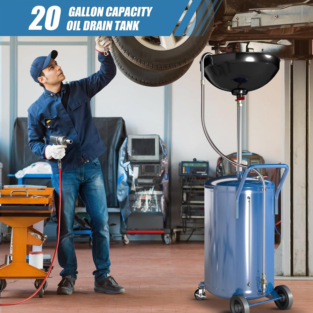 Larbanke 20-Gallon Waste Oil Drain Tank, Air Operated Drainer Oil Change Container with 360 ° Wheels,Oil Drain with Adjustable Funnel Height, Change Container Suitable for Car Repair Shops and Garages