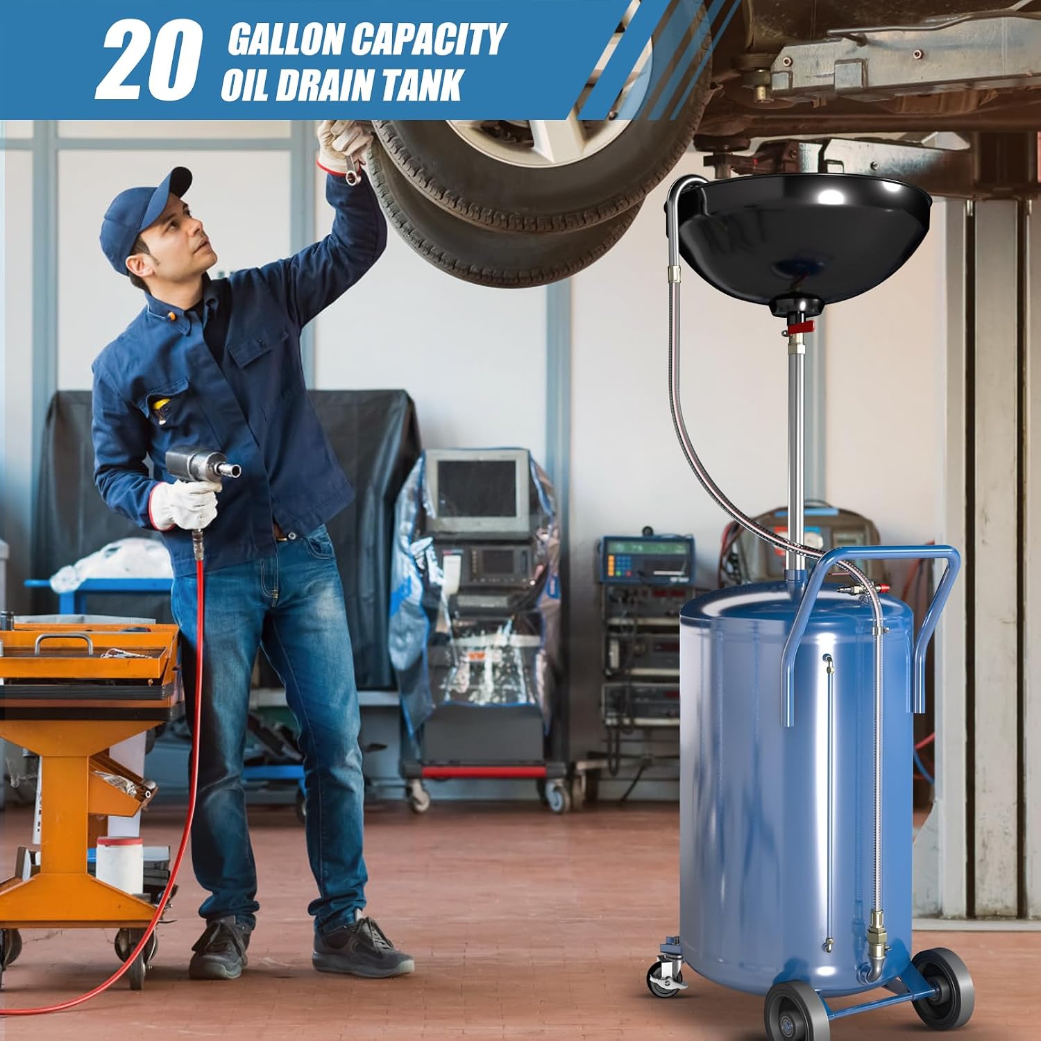 Larbanke 20-Gallon Waste Oil Drain Tank, Air Operated Drainer Oil Change Container with 360 ° Wheels,Oil Drain with Adjustable Funnel Height, Change Container Suitable for Car Repair Shops and Garages