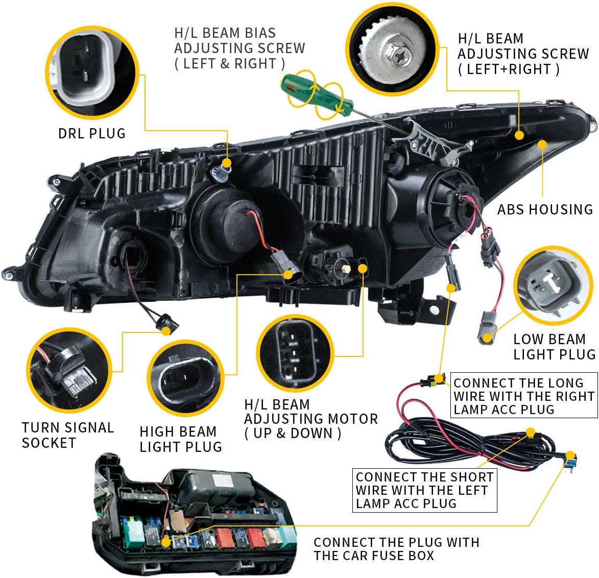 VLAND LED Projector Headlights Assembly for [Honda Accord 8th Gen 4-Dr Sedan 2008 2009 2010 2011 2012 (NOT fit 2-Dr Coupe)] with Sequential Turn Signal, YAA-HD-0145AH, Both Side (Hella)