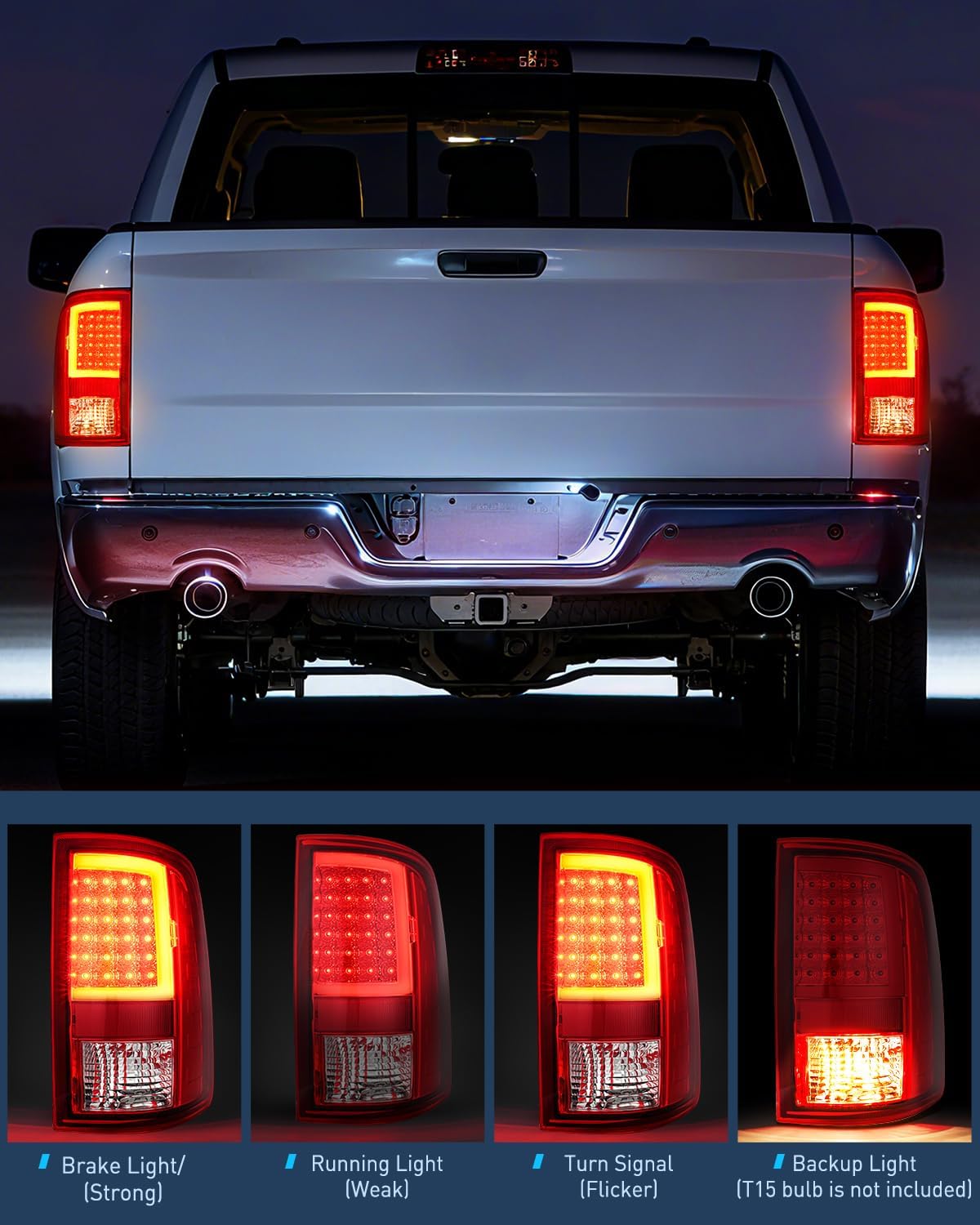 Nilight Taillight Assembly Compatible with 2009 2010 2011 2012 2013 2014 2015 2016 2017 2018 Dodge Ram 1500 2010-2018 Ram 2500 3500 Incandescent Type Upgrade LED Tube Tail Lights Rear Brake Lamps