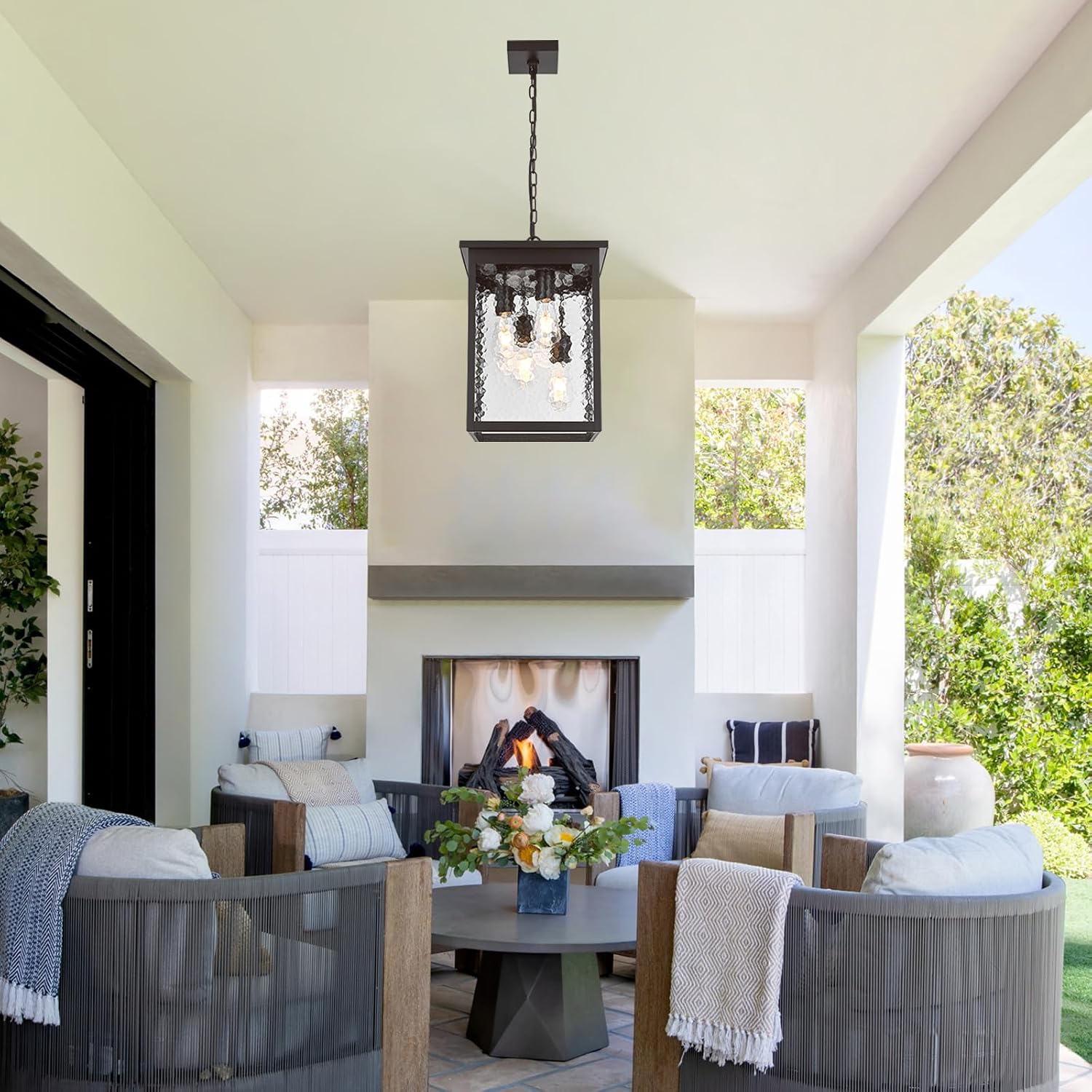 16.7'' Large Outdoor Pendant Light, 4-Lights Oil Rubbed Bronze Exterior Hanging Porch Chandelier Lantern with Hammer Glass, Modern Outdoor Ceiling Light Fixture for Entryway Gazebo Patio
