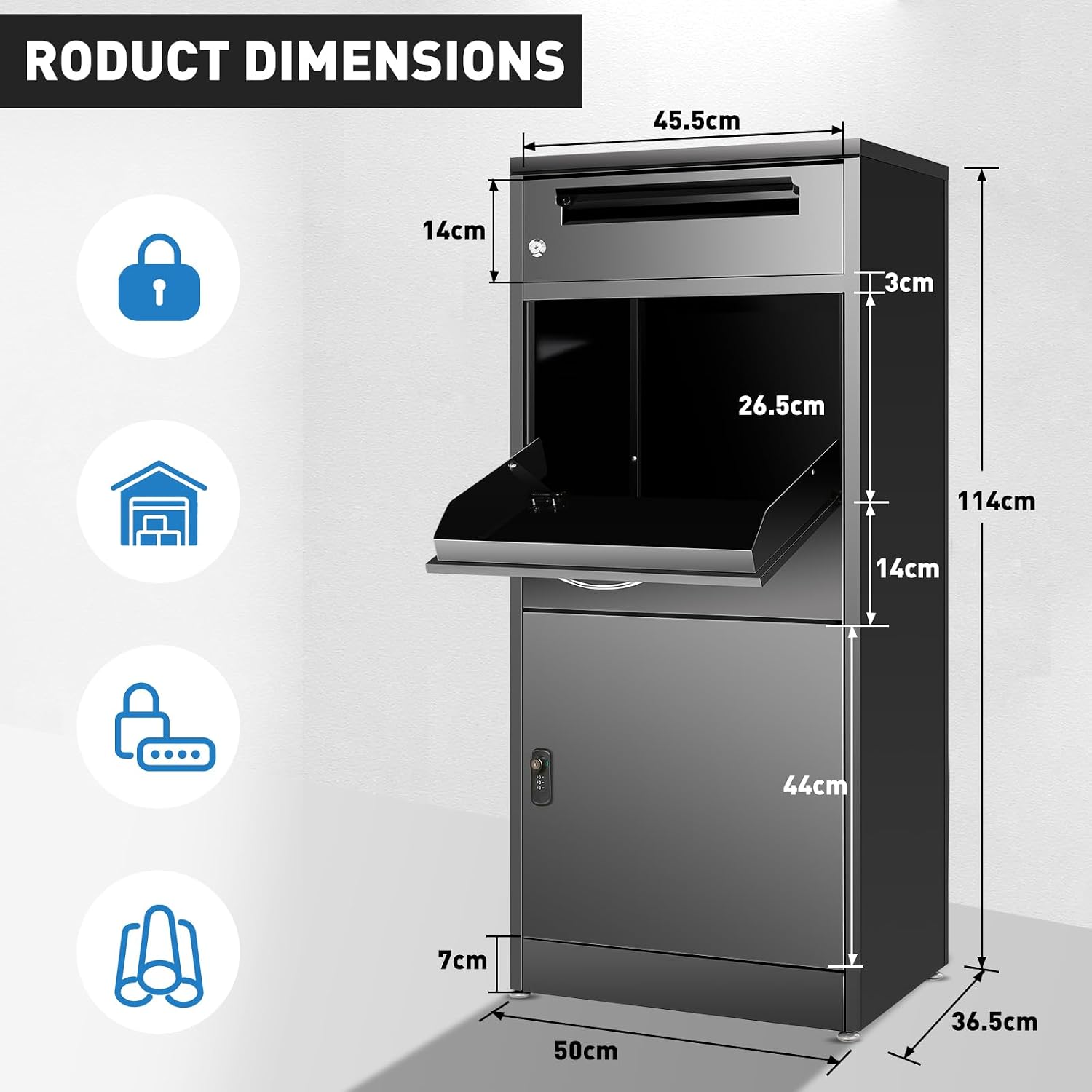 44.9Inch Express Package Delivery Box for Outside, Ultra Large Parcel Drop Boxes with Lock Made of Automotive Steel, Waterproof Anti-Theft Parcel Drop Box with Secure Storage for Home Business, Black