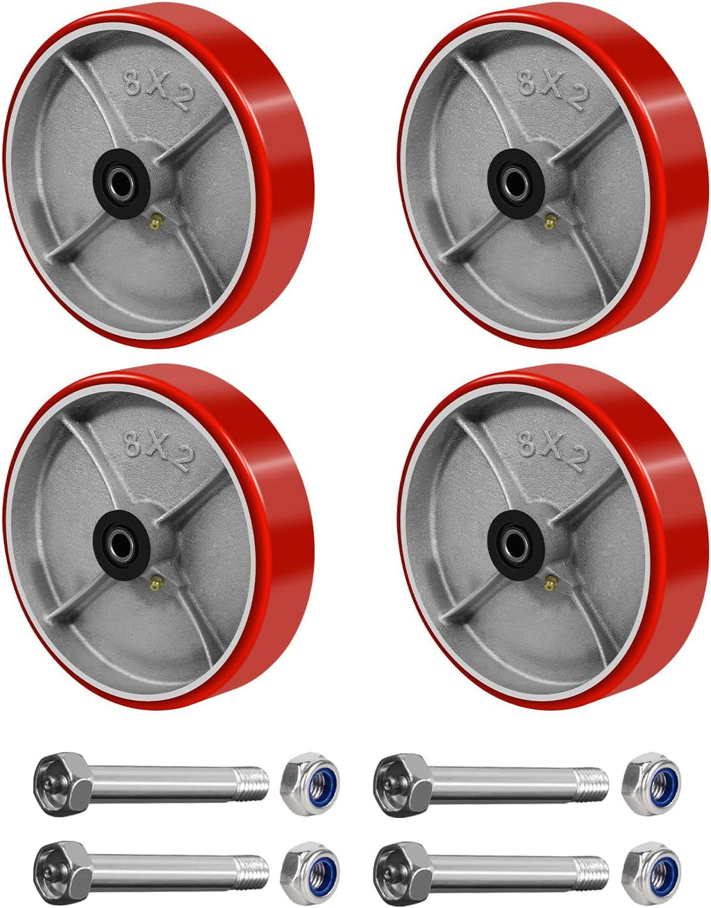 8' x 2' Heavy Duty Caster Wheels, Set of 4, Polyurethane on Cast Iron, 1/2' Bore Axle, 800lbs Load Capacity Each, Roller Bearing, Red