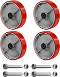 8' x 2' Heavy Duty Caster Wheels, Set of 4, Polyurethane on Cast Iron, 1/2' Bore Axle, 800lbs Load Capacity Each, Roller Bearing, Red