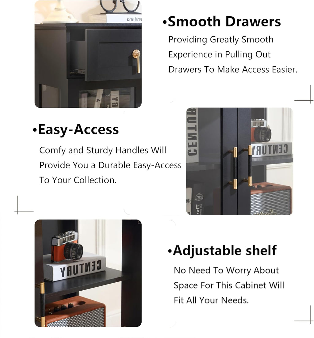 FOREST GRAVITY 58.27'' Buffet Cabinet with 2 Drawers,LED and Adjustable Shelves,Large Glass Door Coffee Bar Cabinet with Storage,Modern Farmhouse Sideboard Credenza for Kitchen,Black