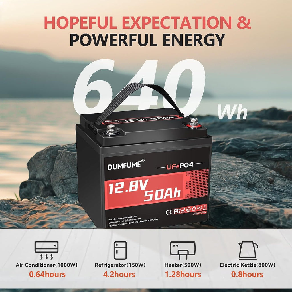 2 pack Dumfume 12V 50Ah LiFePO4 Lithium Battery, Built-in 50A BMS, 640Wh Energy with Low-Temp Protection,Ideal for RV,Solar,Home Energy Storage,Off-Grid,Industrial Backup Power