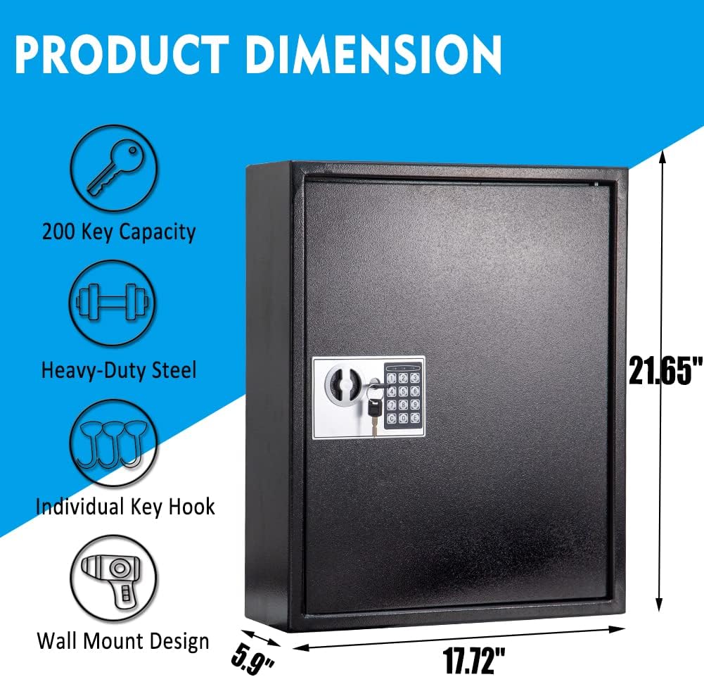 UMEKEN Key Box Wall Mount 200 Position Valet Digital Key Cabinet Lock Box with Code, Electronic Vehicle Key Holder Lockbox with Key Tags, Car Key Organizer Locker Box, Black