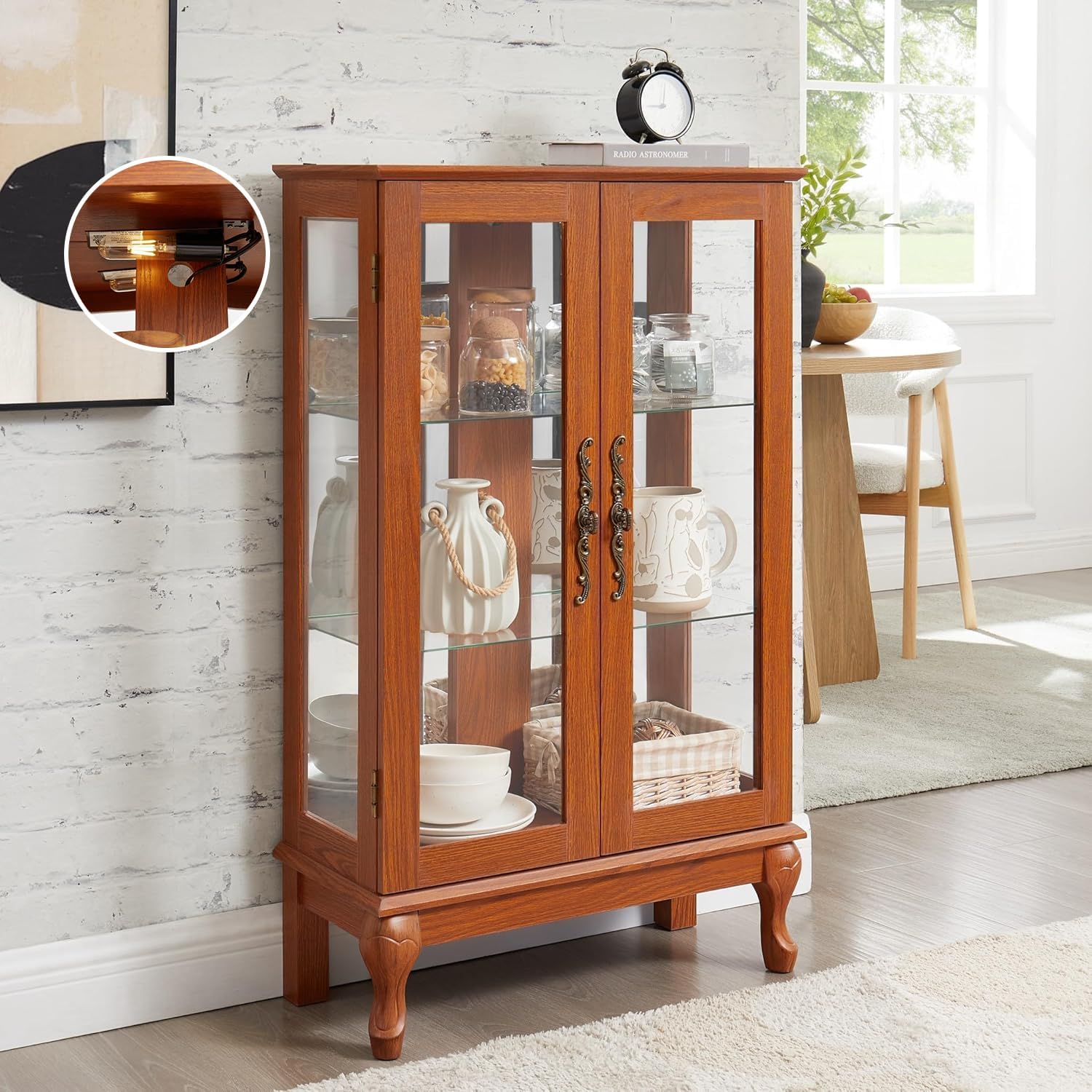 44' Small Lighted Glass Accent Curio Cabinet, Vintage China Cage with 2 Tempered Glass Doors & Adjustable Shelves, Acrylic Mirrored Pane, Elegant Wine Artwork Showcase Rack for Living Room (Dark Oak)