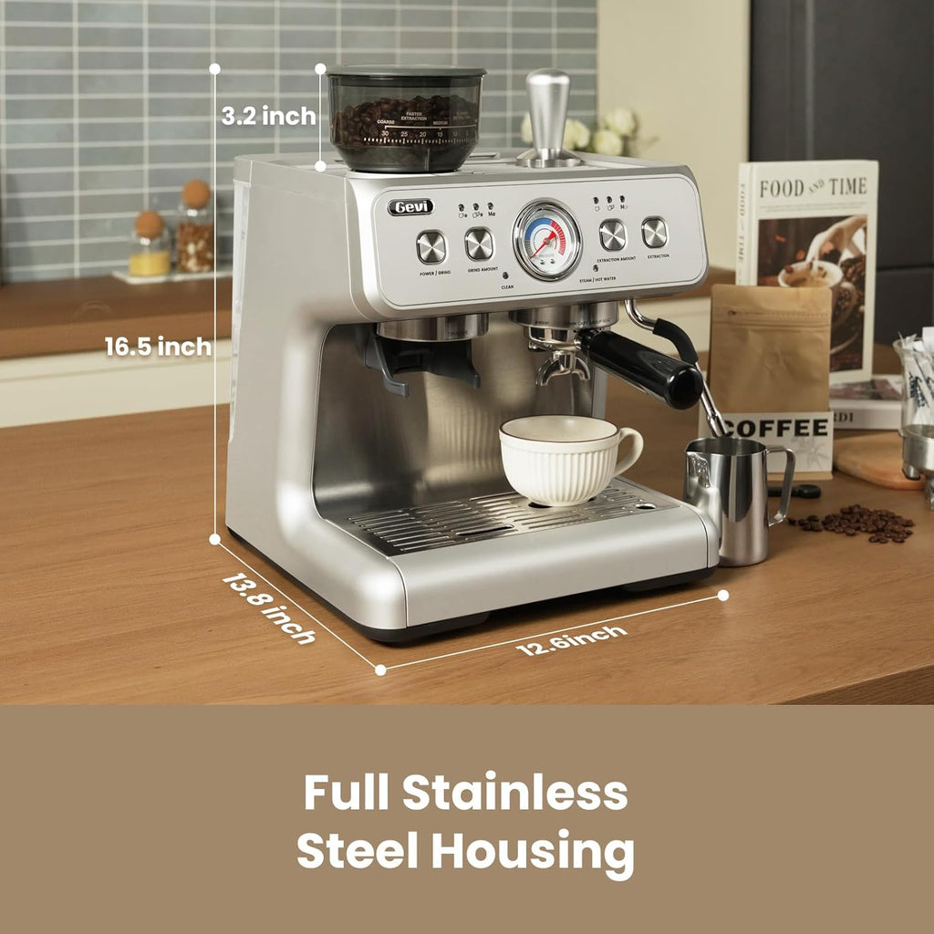 Gevi Dual Boiler Espresso Machine with Built-in Grinder, 58mm Commercial Portafilter, Barista Steam Wand, 31 Grind Settings, Stainless Steel, for Home Barista Use, Sterling Silver
