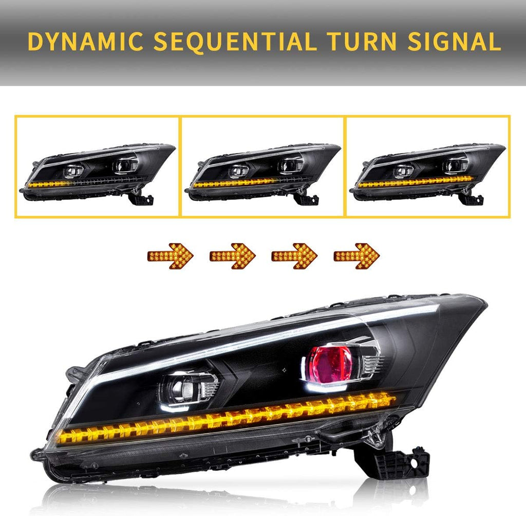 VLAND LED Projector Headlights Assembly for [Honda Accord EX, LX, EX-L Sedan 2008-2012 (NOT fit 2-Dr Coupe)] with Sequential Turn Signal 3157 light bulbs (No include), YAA-HD-0145AH, (Demon eyes)