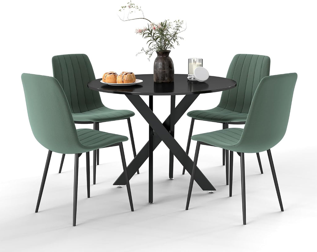 RGZ 36' Round Dining Table Set for 4, 5 PCS Modern Wooden Black Circle Kitchen Table with Steel Legs & 4 Green Velvet Upholstered Chairs for Dining Room, Living Room, Kitchen
