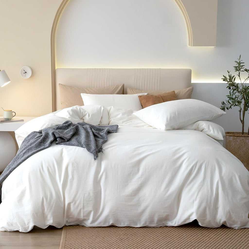 JIYUAN Oversized King Plus Duvet Cover Set, 3-Piece - 100% Washed Cotton, Linen-Like Soft & Breathable with Zipper Closure, Includes 128x120 Inch Cover & 2 Pillowcases, Solid Bright White