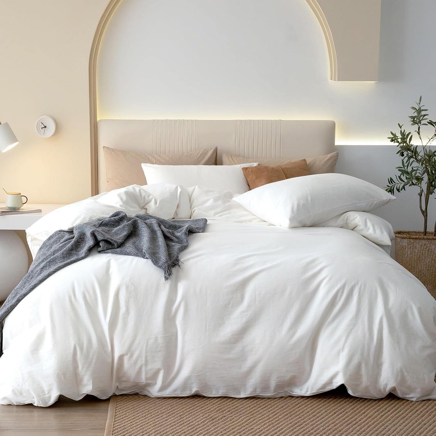 JIYUAN Oversized King Plus Duvet Cover Set, 3-Piece - 100% Washed Cotton, Linen-Like Soft & Breathable with Zipper Closure, Includes 128x120 Inch Cover & 2 Pillowcases, Solid Bright White