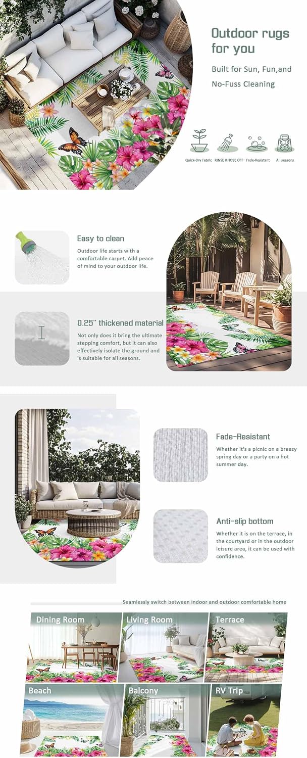 Outdoor Rug 6x9ft Summer Flower Leaf Butterfly Patio Area Rugs Waterproof Easy Cleaning Non Shedding Thick Mats Pastoral Floral Plant Carpet for Indoor Outdoor Porch Deck Backyard Balcony